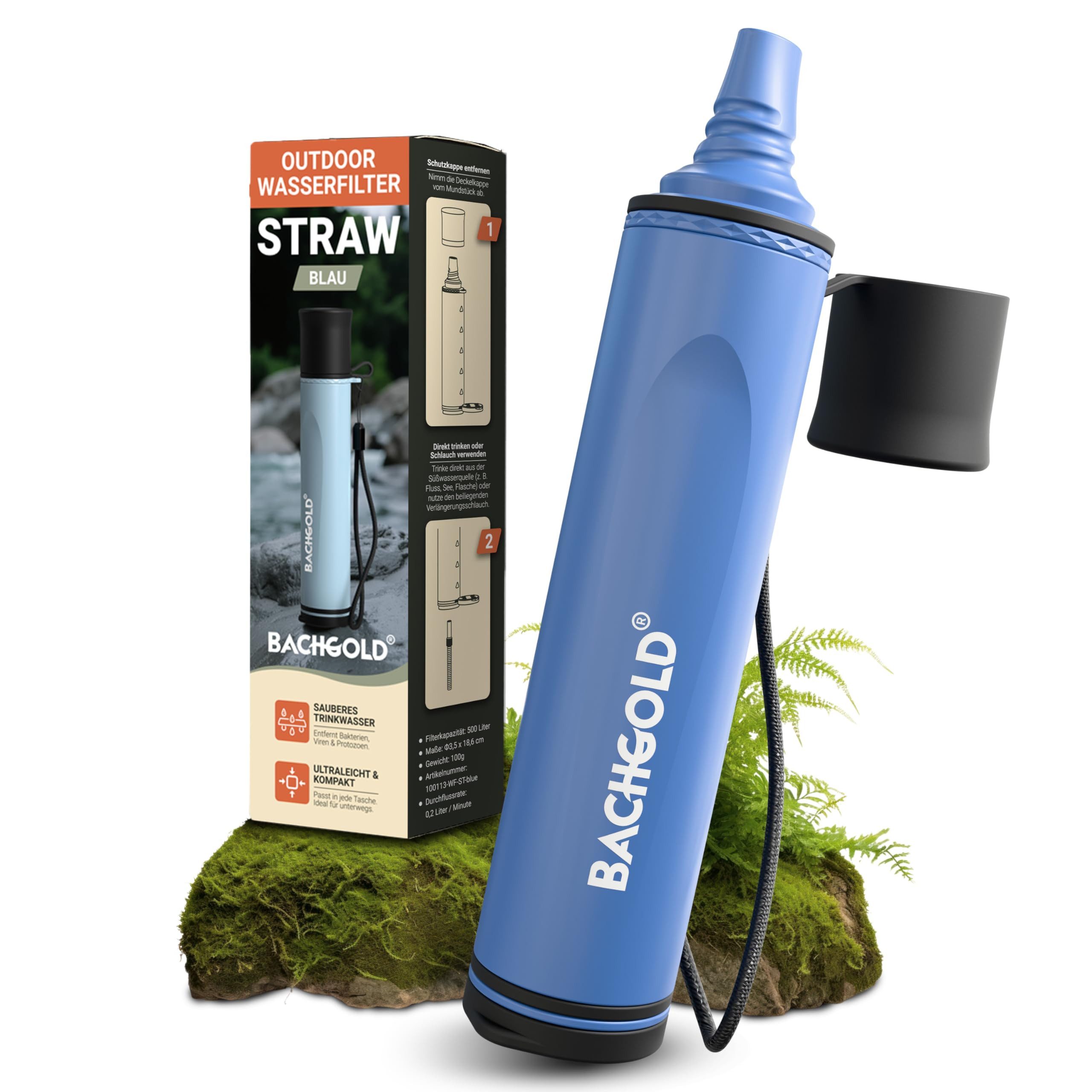 BACHGOLD Wasserfilter Straw - Outdoor Survival – Ultraleichte Prepper Ausrüstung, Zubehör für Liefert bis zu 500L Frisches Trinkwasser für Jeden Ernstfall, inkl. Schlauch, Langlebig Konstruiert