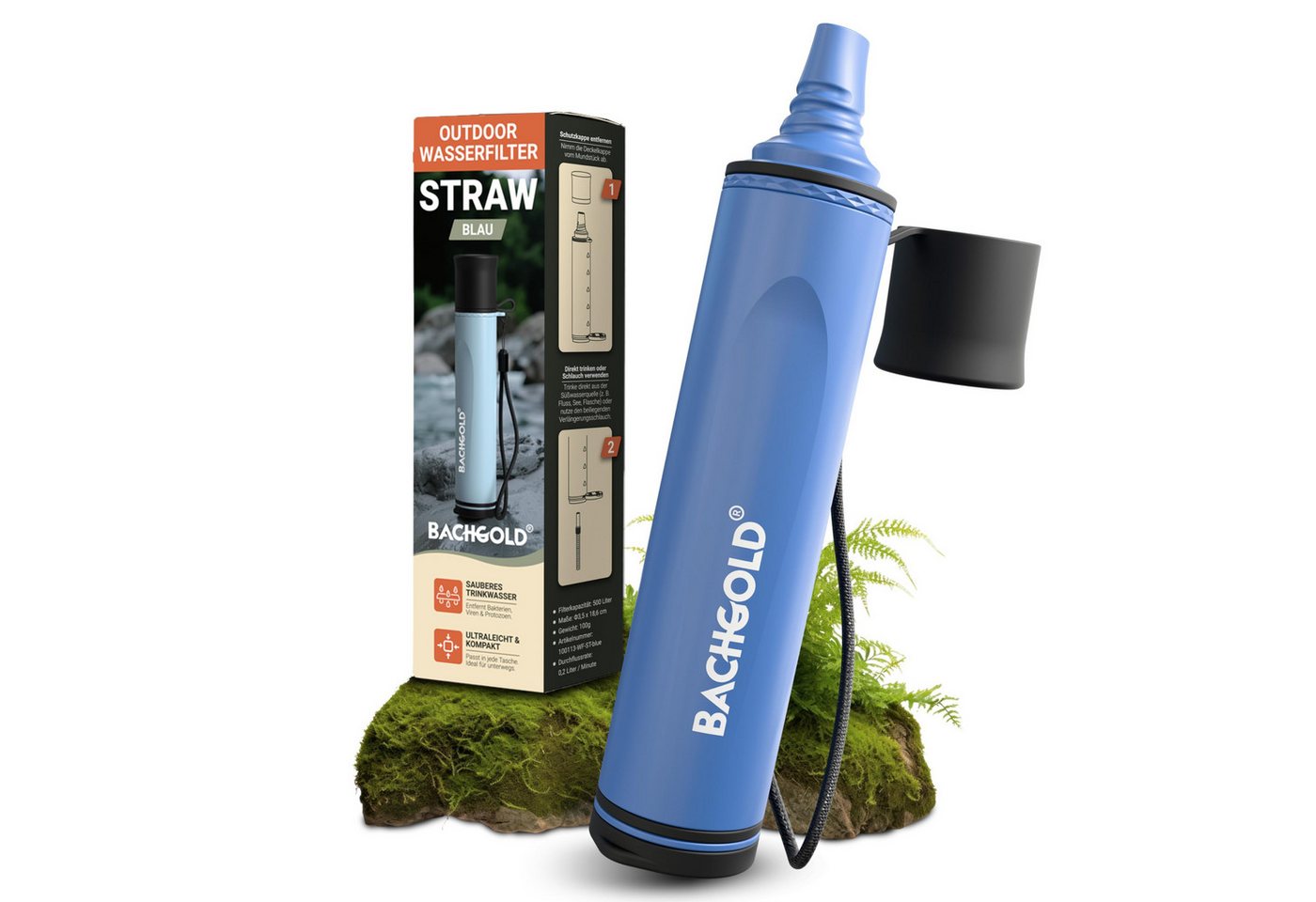 BACHGOLD Wasserfilter Straw - Outdoor Survival – Ultraleichte Prepper Ausrüstung, Zubehör für Liefert bis zu 500L Frisches Trinkwasser für Jeden Ernstfall, inkl. Schlauch, Langlebig Konstruiert