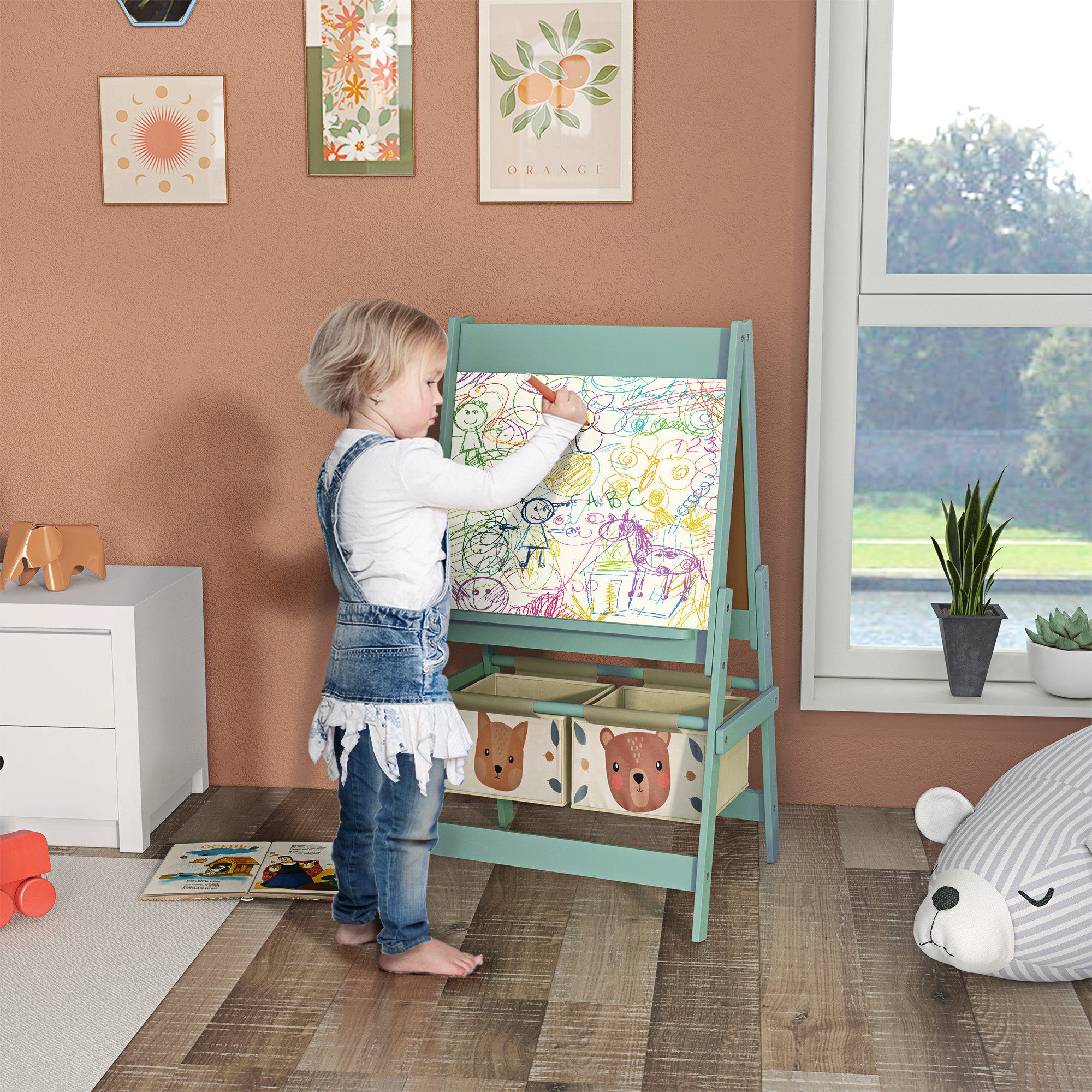 AIYAPLAY Tafel Staffelei Kindertafel Whiteboard mit Papierrolle inkl. Zubehör, (Standtafel, 1-tlg., Kinder Spieltafel), Grün 54 x 46,5 x 93 cm