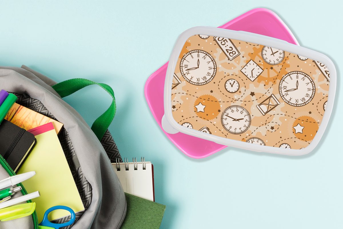 Erwachsene, Snackbox, Brotdose Kunststoff Lunchbox Kinder, Kunststoff, rosa (2-tlg), Sanduhr, - Uhr für Mädchen, Brotbox - Muster MuchoWow