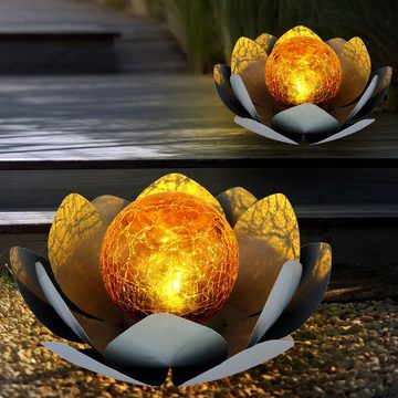 etc-shop Gartenleuchte, LED-Leuchtmittel fest verbaut, Warmweiß, 3er Set Dekoration 2x LED Solar Lampe Lotos Blume Crackle Glas Garten