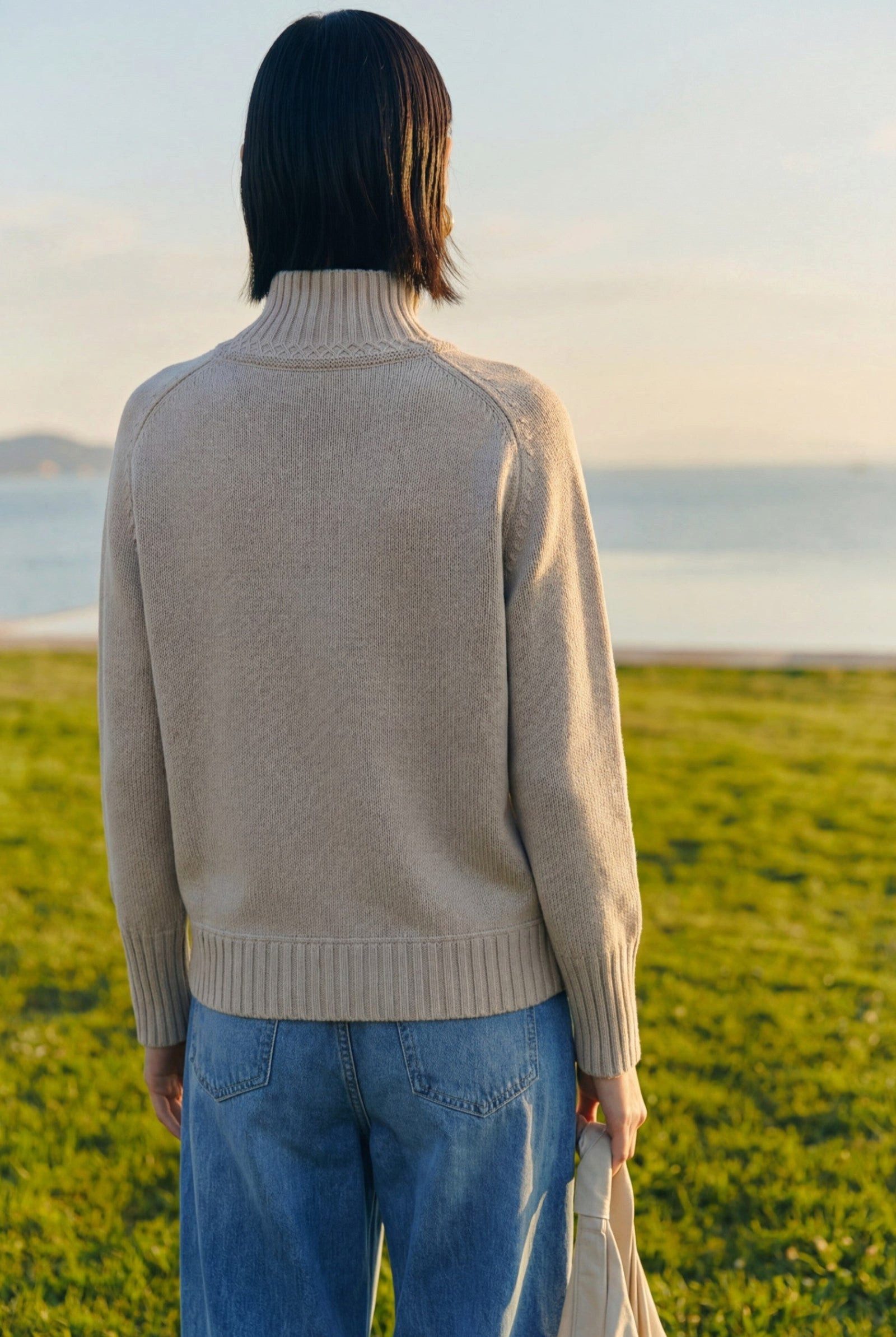 Zaubermond Strickpullover Damen Taillierter Pullover mit hohem Stehkragen und Raglan Beige