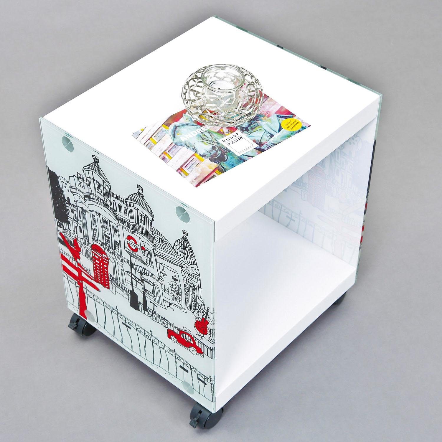 Cube, Motiv Glasseiten gestalteten INOSIGN Beistelltisch mit London