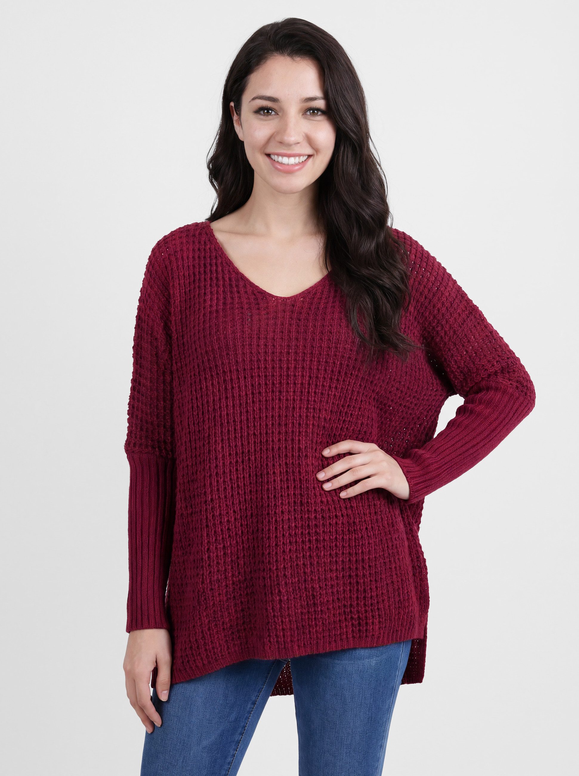 PEKIVESSA Strickpullover Oversize Grobstrick-Pullover mit V-Ausschnitt am Ärmel breiter Rippstrick