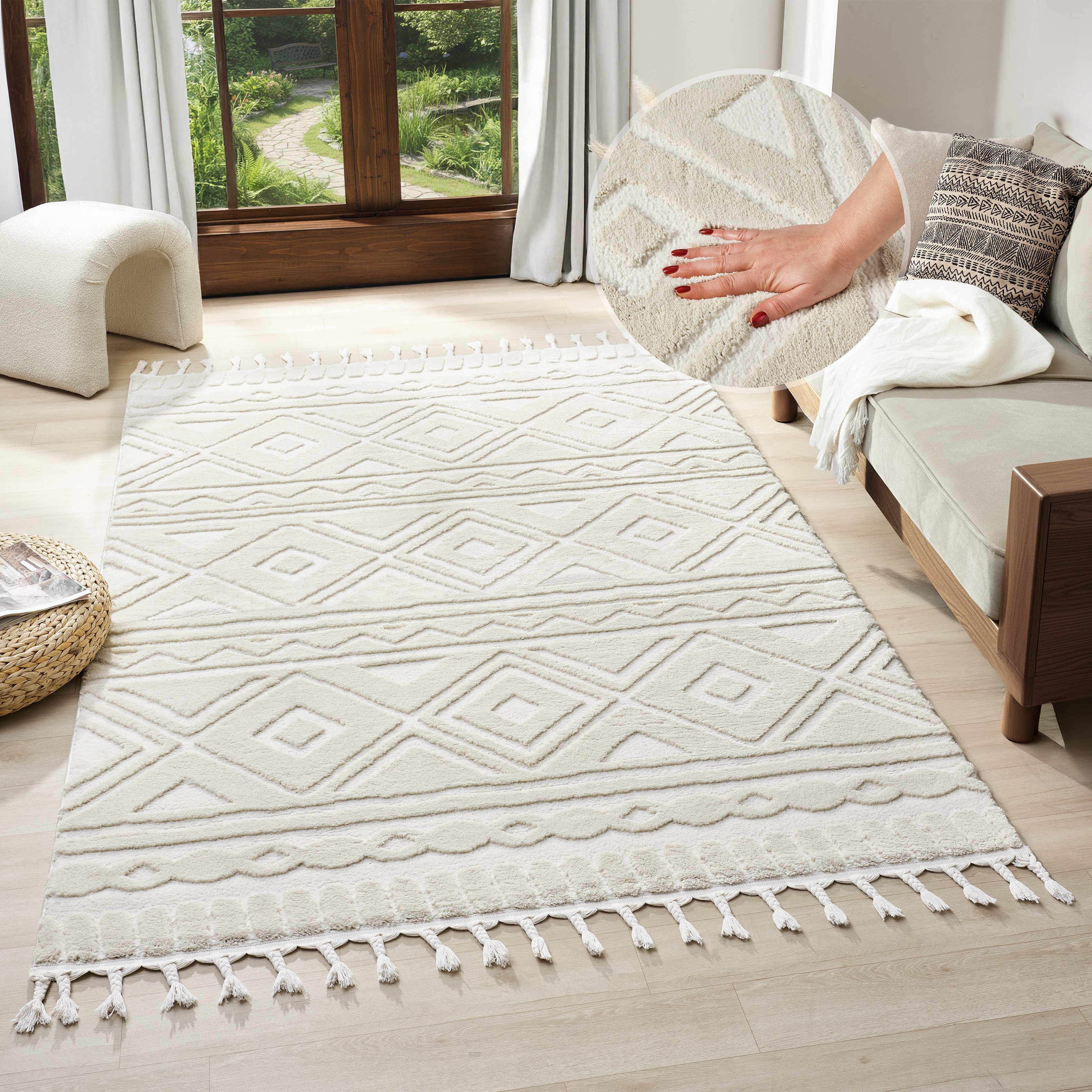 OTTO home Teppich Bonvo, rechteckig, Höhe: 19 mm, mit Fransen, Hoch-Tief-Struktur, Wohnzimmer, Schlafzimmer, Boho-Style