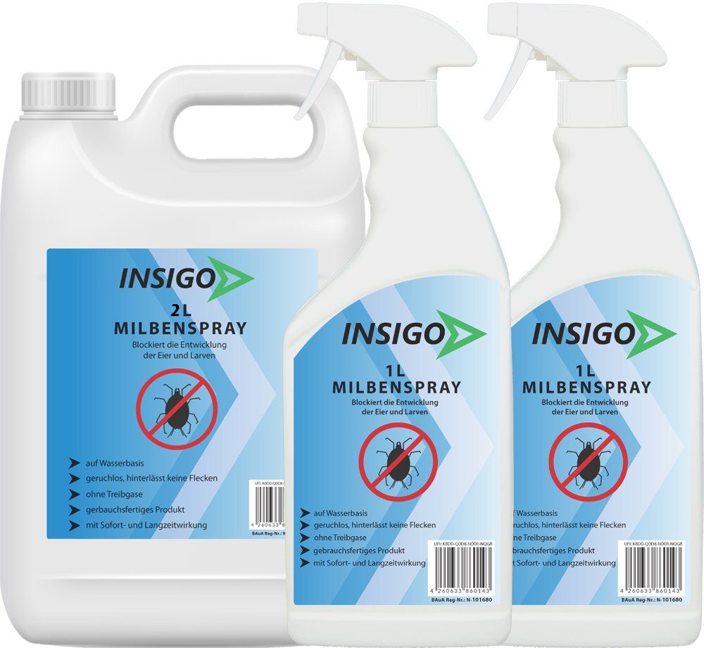 Ungezieferspray, mit geruchsarm, l, brennt INSIGO auf ätzt / Milben-Mittel Milben-Spray 4 Insektenspray Langzeitwirkung nicht, Wasserbasis, Anti