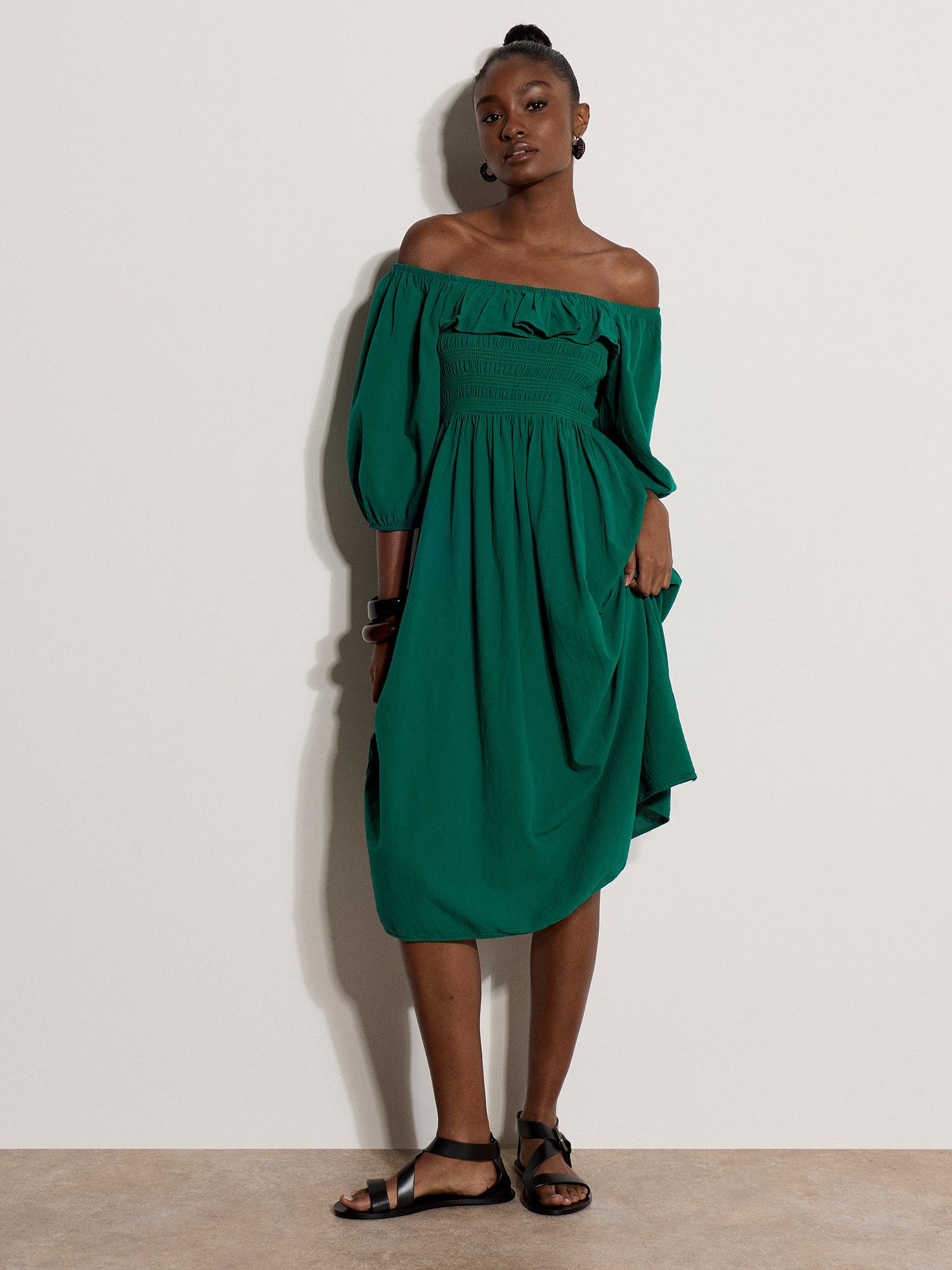 Apricot Midikleid Midi-Kleid im Milchmädchen-Stil mit Rüschen Gerafft