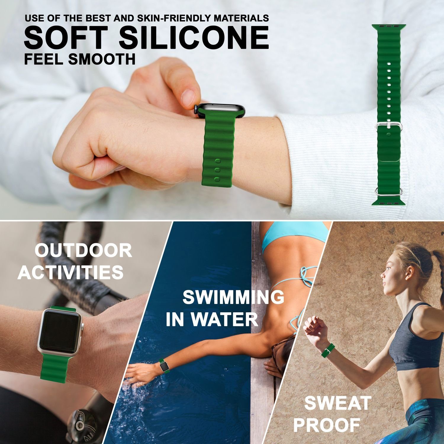 Nalia Smartwatch-Armband Apple Watch 38/40/41/42mm, Ocean Style Sportarmband / Silikon Ersatzband / Metall-Ring Verschluss – Bild 4 von 5