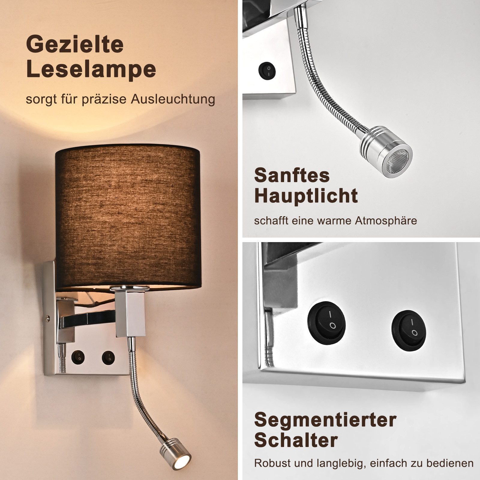 ZMH Wandleuchte Bettlampe mit Schalter Leselampe verstellbar Beleuchtung, drehbar, LED wechselbar, Wandleuchte mit Leselicht E27 Wandlampe mit Flexarm für Schla – Bild 5 von 5