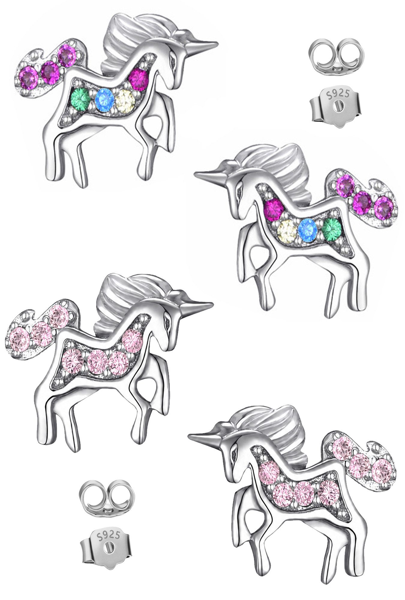 Limana Ohrstecker-Set kleine Einhorn Ohrringe Mädchen 925 Silber Geschenk Schmuck (für Kinder, 2 Paar inkl. Schmuckbox), Einschulung Schulanfang Weihnachten Ostern Geburtstag