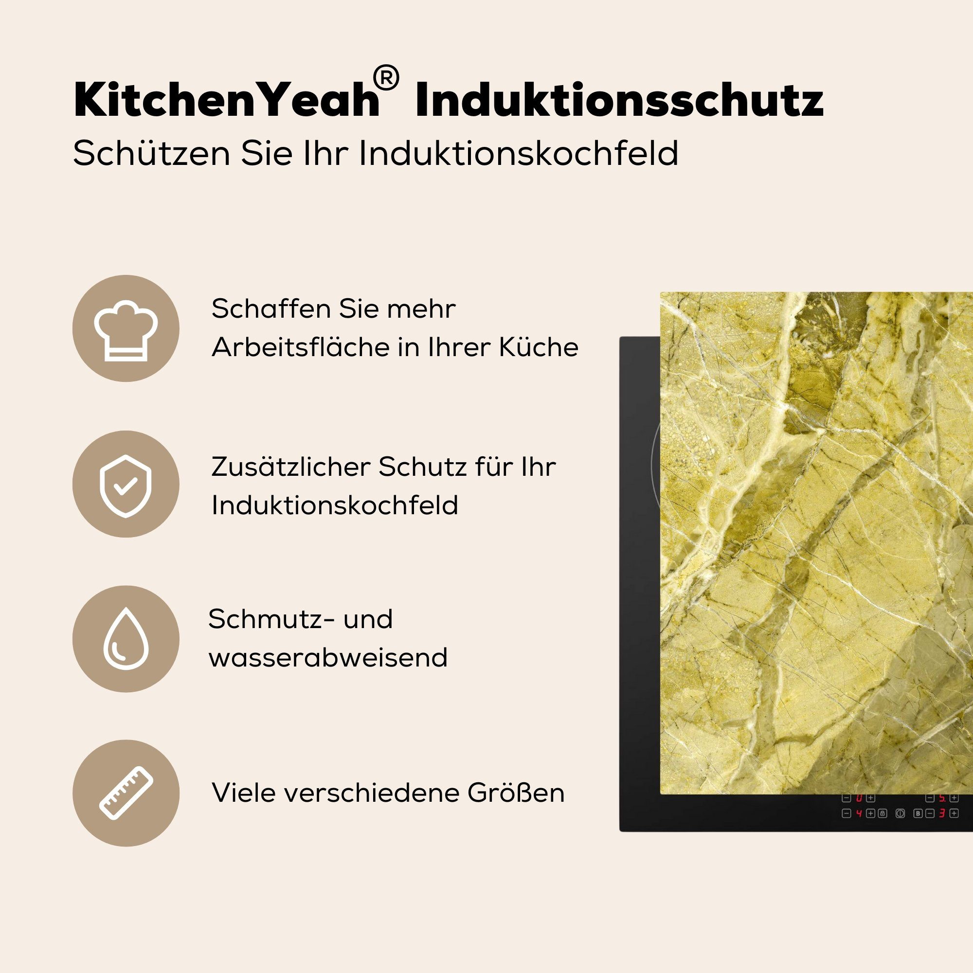 Vinyl, - - Herdblende-/Abdeckplatte küche tlg), 78x78 Arbeitsplatte Ceranfeldabdeckung, cm, für Kieselsteine, Granit Gelb (1 MuchoWow Grün -