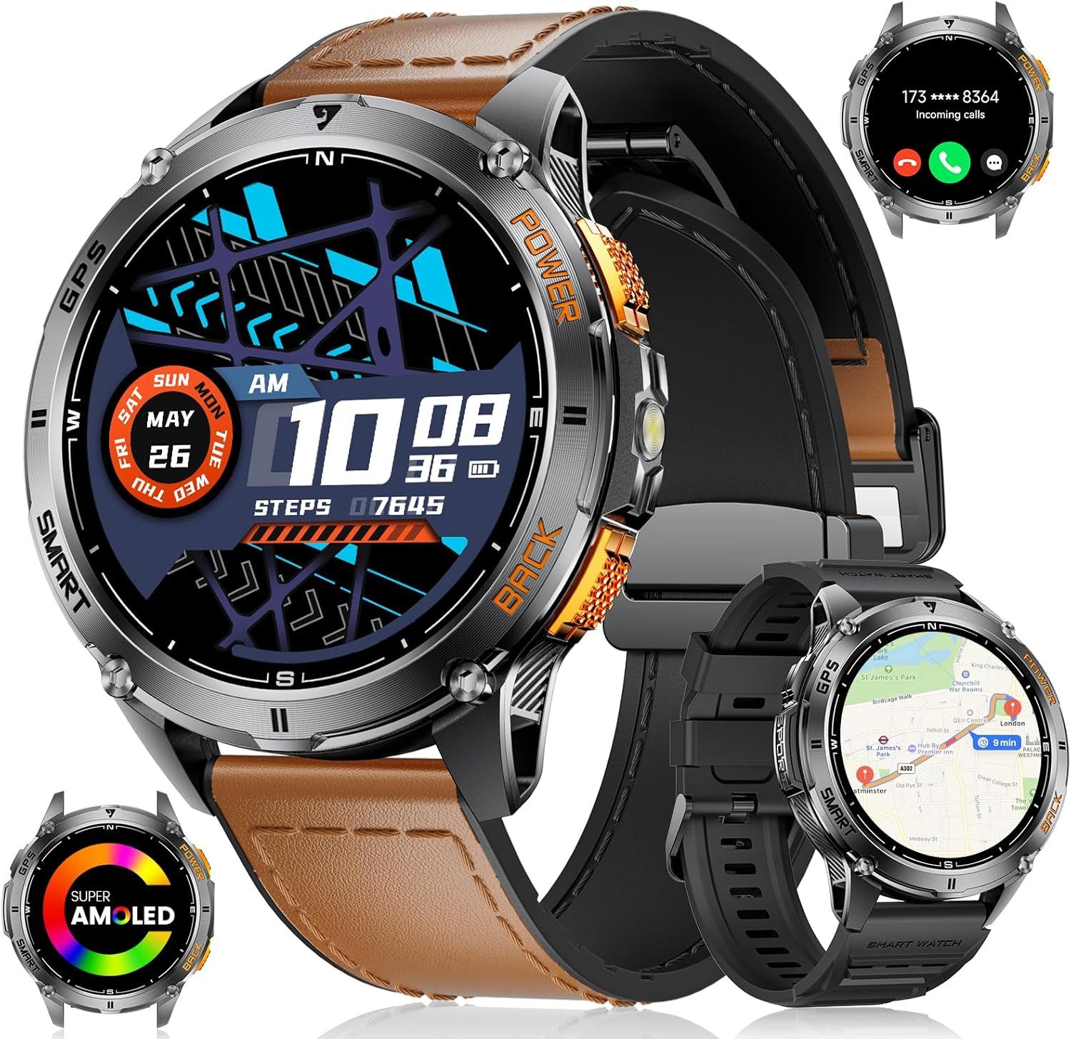 Lige DM4-B-JF Smartwatch (android ios), Outdoor Smartwatch mit GPS Kompass Barometer AMOLED und 120 Sportmodi