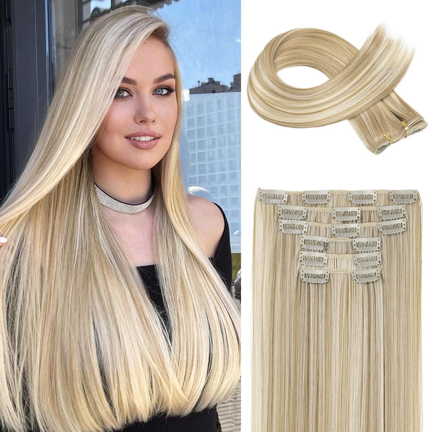 LuxusKollektion Kunsthaar-Extension Clip in Extensions 6er Set 61 CM Blond mit blonden Highlights