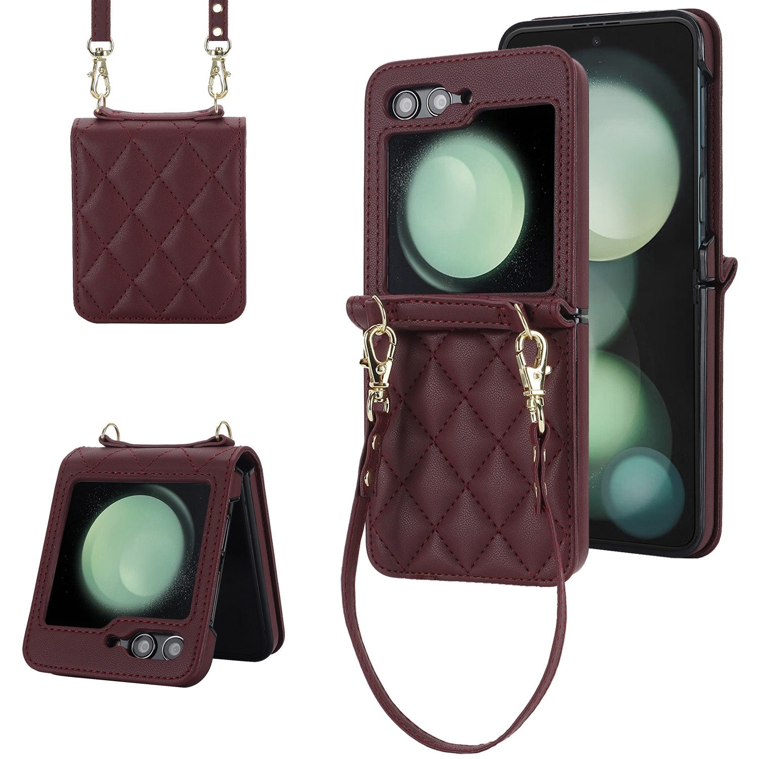 Wigento Handyhülle Für Samsung Galaxy Z Flip5 5G Kunstleder Handy Tasche + Umhängeband