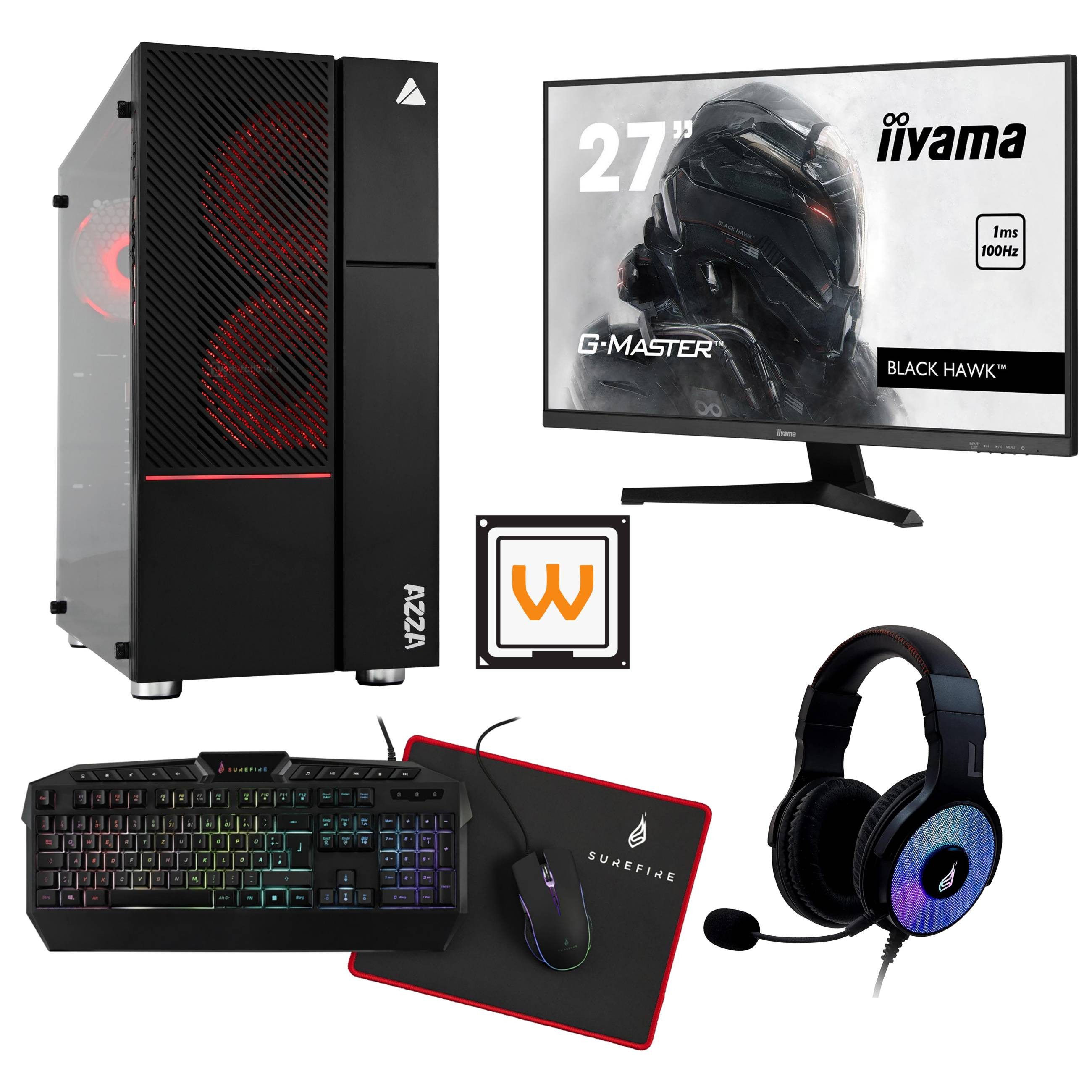 AZZA Iris 330 Bundle Gaming-PC (27 Zoll, AMD Ryzen 5 5600X, RTX 4060 Ti 8GB, 16 GB RAM, 2000 GB SSD, Wasserkühlung, Ryzen 5 5600X, RTX 4060 Ti 8GB, WLAN+BT, Windows 11 Pro, Wasserkühlung)