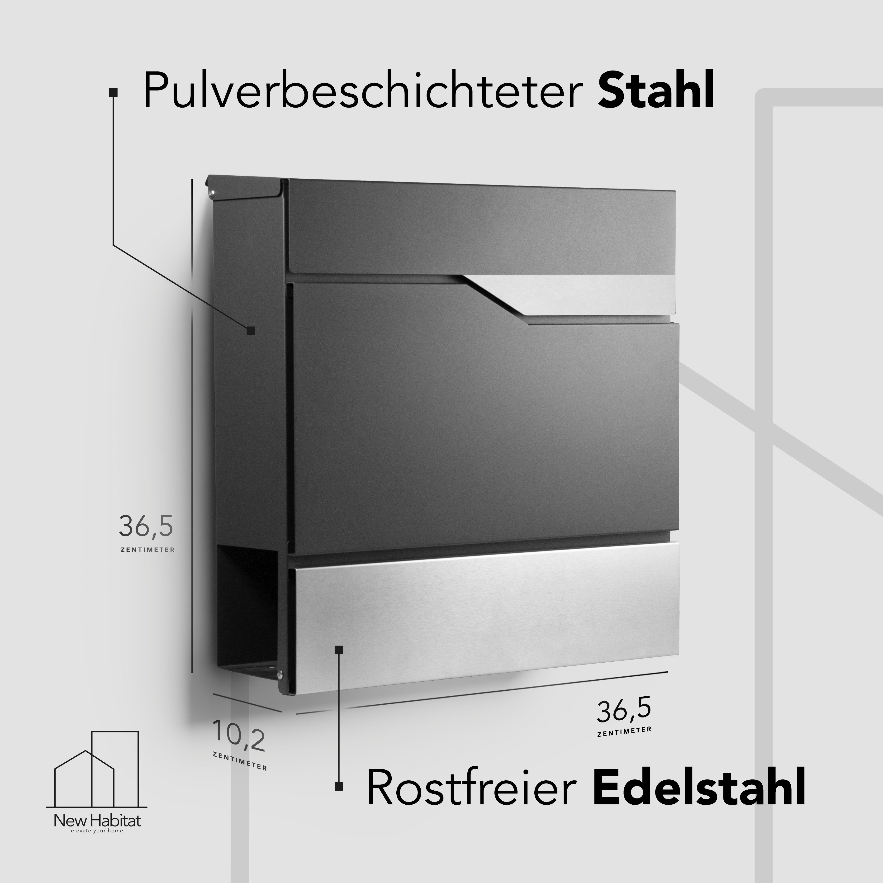 NewHabitat Briefkasten Moderner Briefkasten "Manhattan" mit Zeitungsfach, Anthrazit RAL7016 (Komplettset, Modell: Manhattan), Rostfrei – Bild 3 von 5