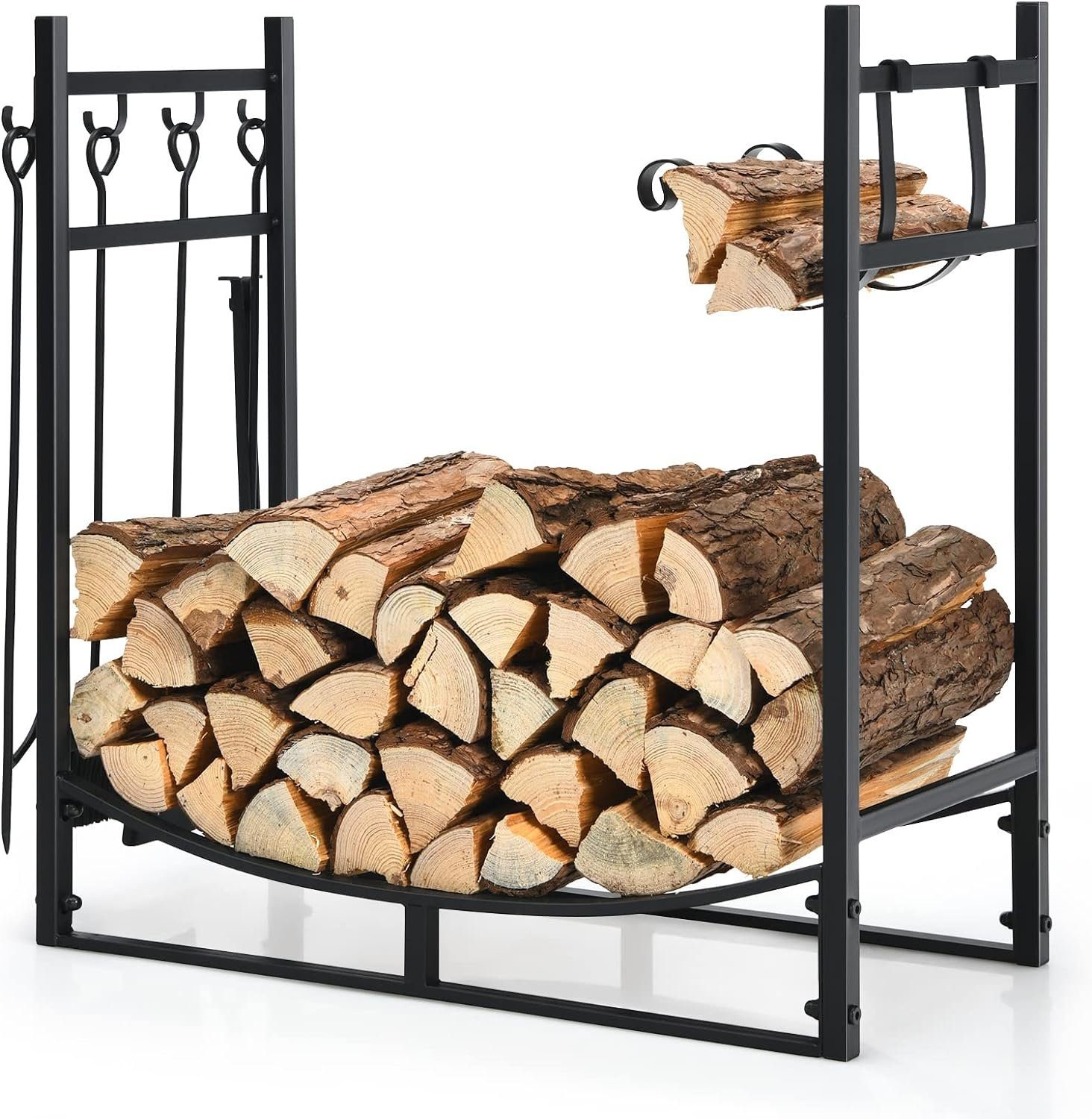KOMFOTTEU Kaminholzregal Brennholzregal, aus Metall mit Schaufel & 2 abnehmbaren Häkchen