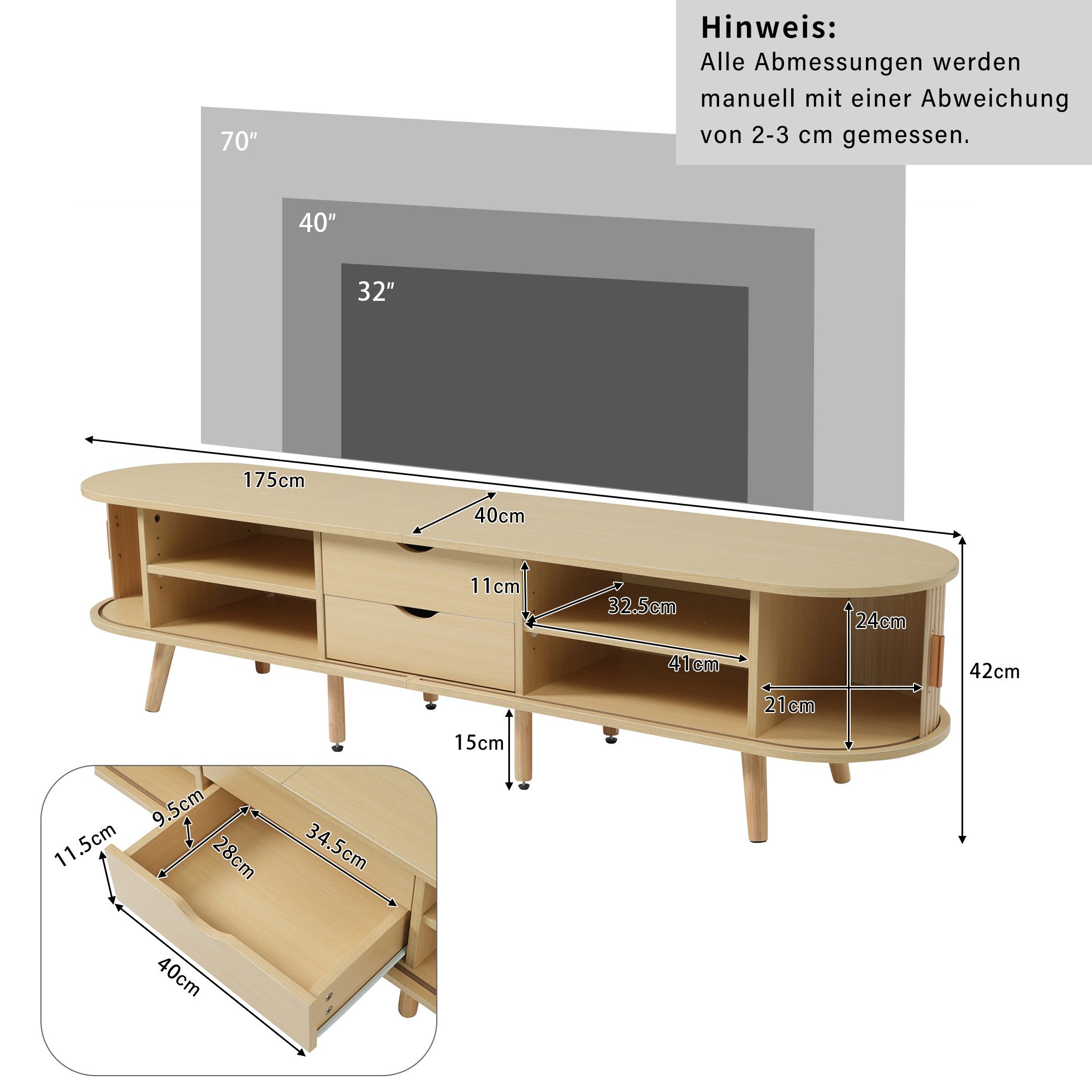 KLAM HOME Lowboard Lowboard TV Schrank Mit Runder Tischplatte Und Teleskop Schiebetüren (Modernes Wohnzimmer Lowboard In Walnuss Optik Mit 2 Schubladen), TV Unterschrank Bis 75 Zoll Mit Stauraum Für Audio Video Geräte