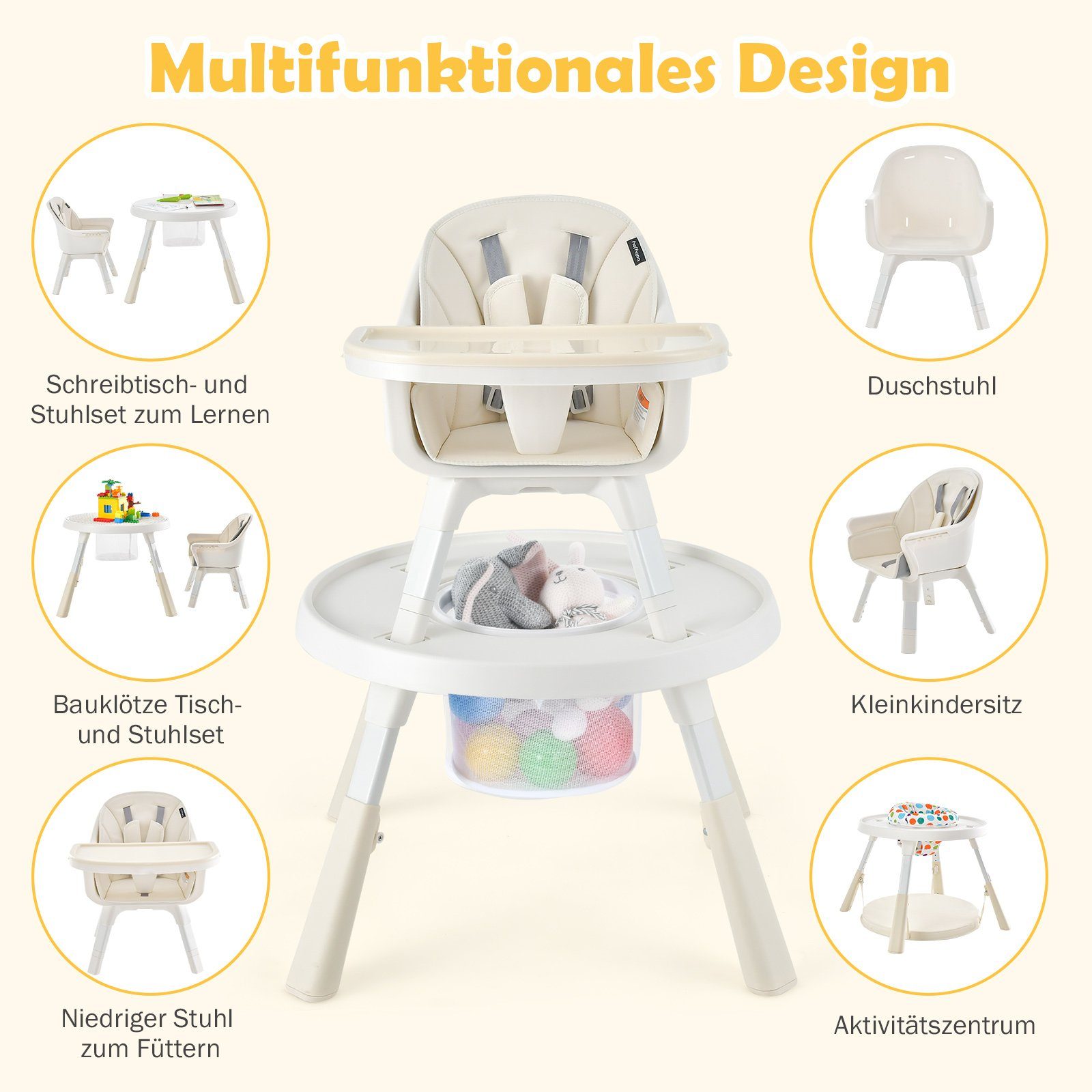 COSTWAY Hochstuhl Kindersitzgruppe, mit Gelb Sicherheitsgurt und Stauraum