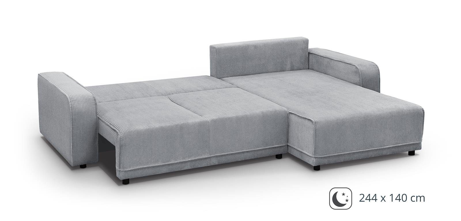 Hellgrau Cordstoff,290 (poso Schlaffunktion, Beautysofa Ecke, mit Bettkasten mit L-Form, cm Ecksofa mane, universelle in 55) Primo,