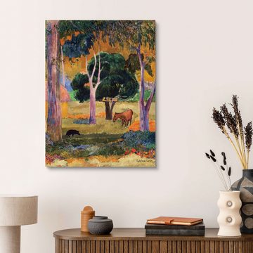 Posterlounge Holzbild Paul Gauguin, Landschaft mit einem Schwein und einem Pferd (Hiva Oa), Malerei