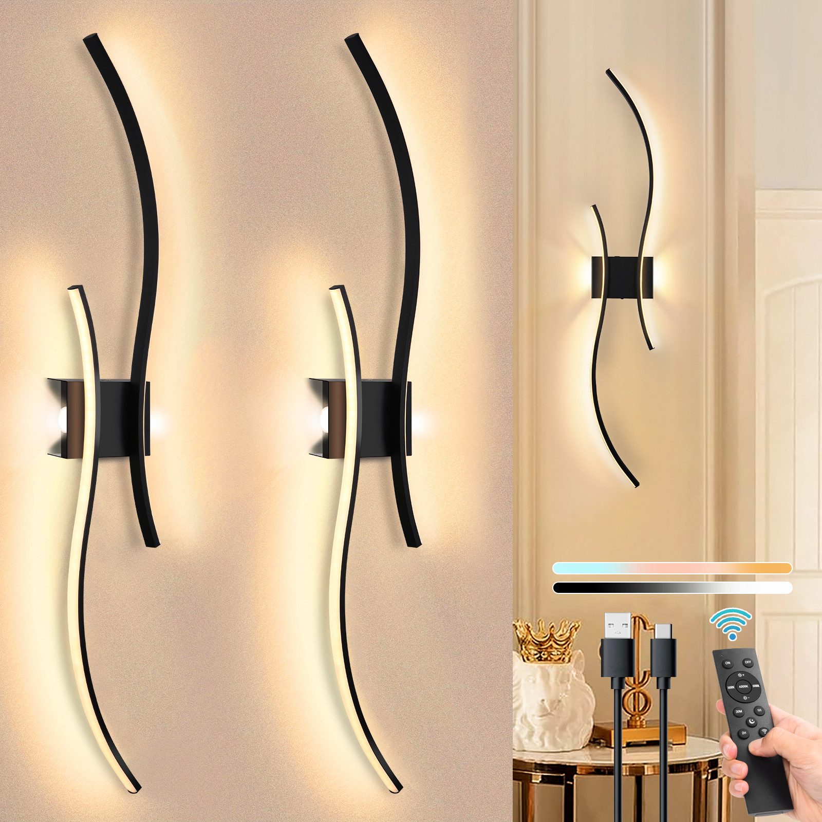 MUPOO LED Wandleuchte LED Akku Wandleuchte USB-C, dimmbar 3000–6000K, mit Fernbedienung, Kabellose Wandlampe mit Touchsteuerung, Timer und Memoryfunktion