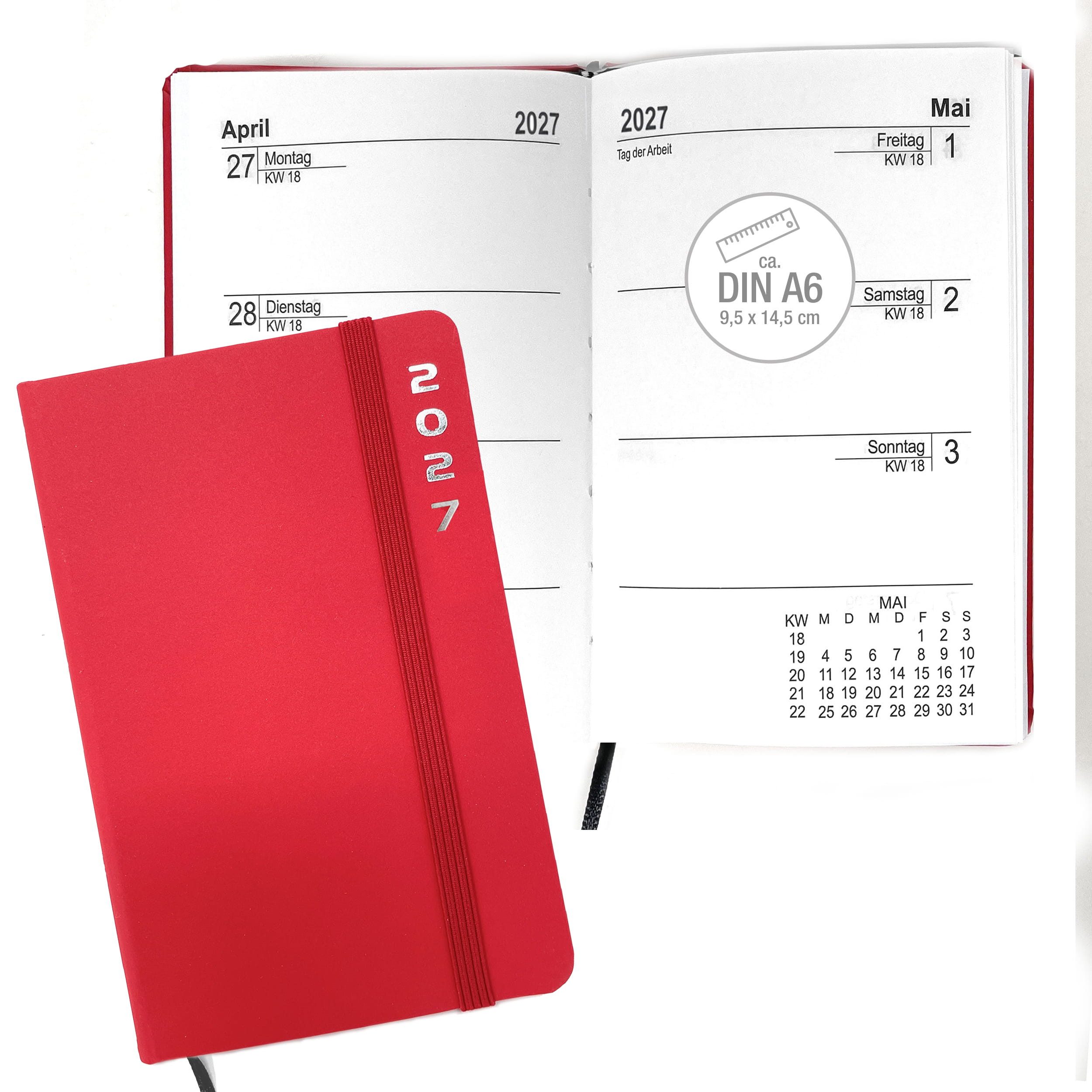 AMLI Taschenkalender Taschenkalender 2027 A6 mit Gummiband 1 Woche 2 Seiten Rot, Gummiband, Folienprägung, Leseband, Ferien & Feiertage