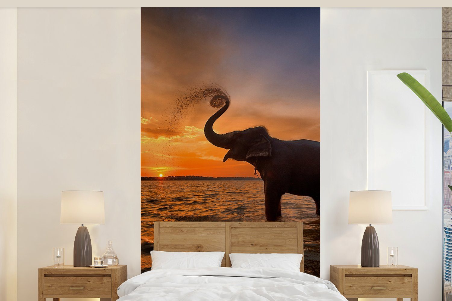 MuchoWow Fototapete Elefant - Meer - Tiere - Sonnenuntergang - Orange, Matt, bedruckt, (2 St), Vliestapete für Wohnzimmer Schlafzimmer Küche, Fototapete