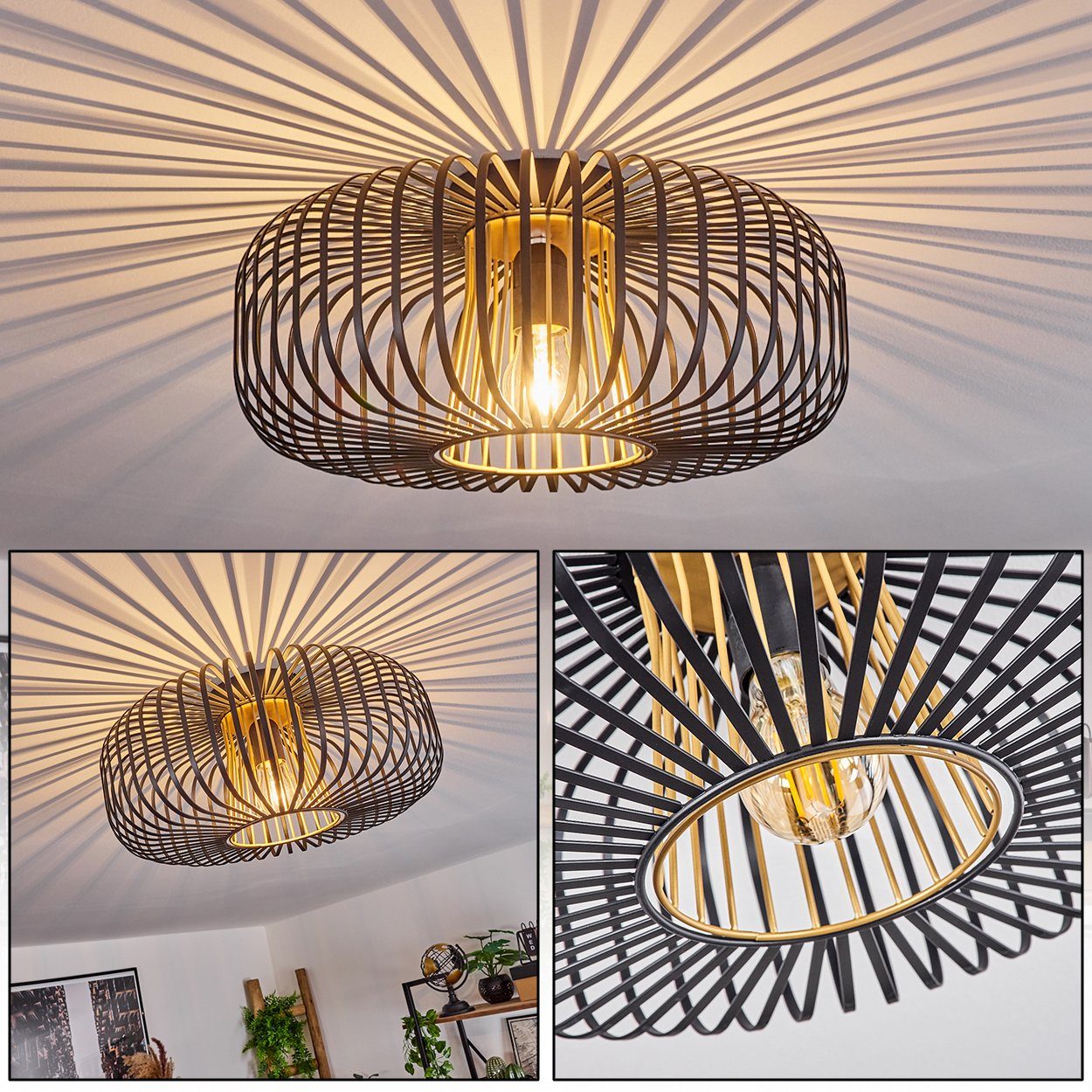 hofstein Deckenleuchte »Aidone« runde Deckenlampe aus Metall in Schwarz/Goldfarben, ohne Leuchtmittel, E27, Leuchte mit Lichteffekt durch Gitter-Optik