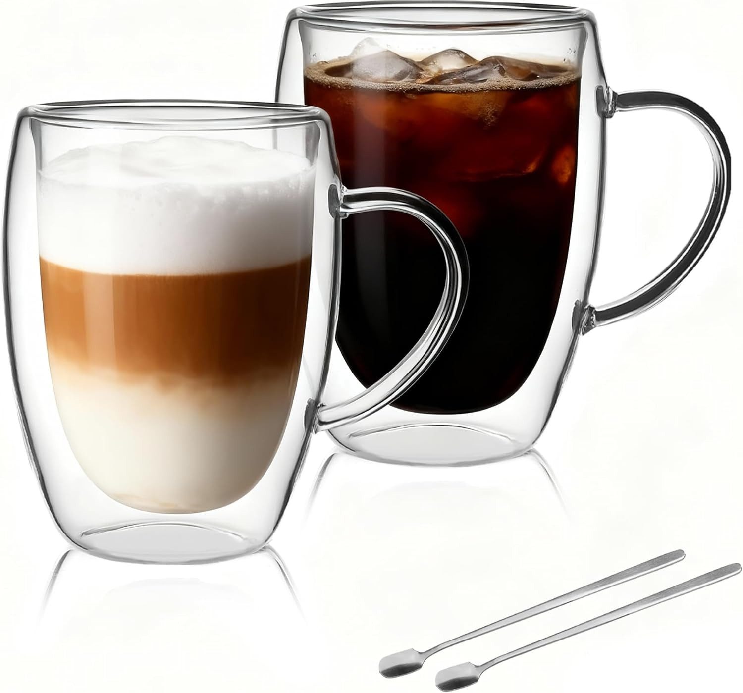 LIBWYS Thermotasse Kaffeetassen aus Glas für Tee & Cappuccino doppelwandig 2er Set 350 ml, 4-tlg., Borosilikatglas, Doppelwandige Thermotassen 350 ml aus Glas mit Griff