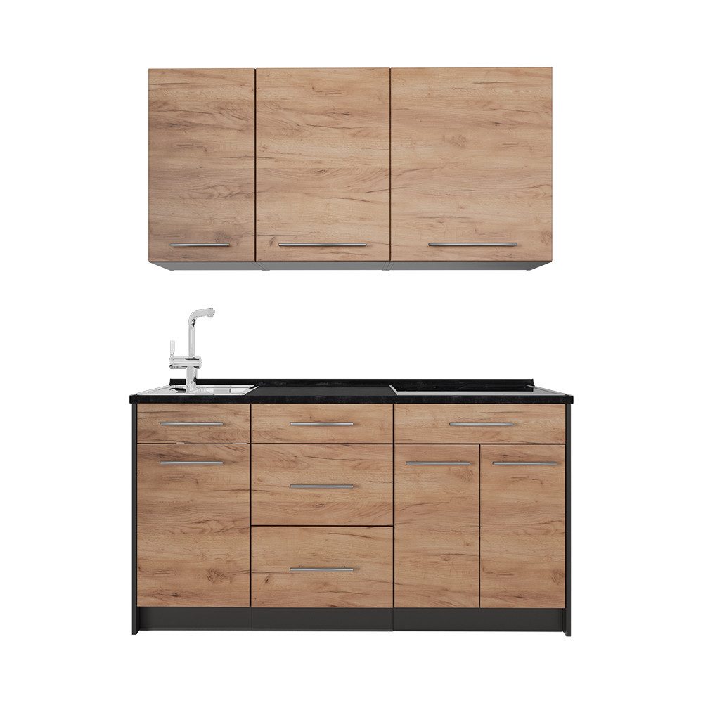 Vicco Küchenzeile Fame-Line, Goldkraft Eiche/Anthrazit, 150 cm ohne Arbeitsplatte
