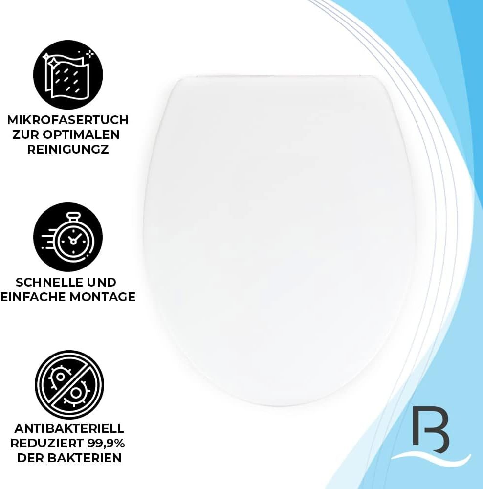 Bath4U WC-Sitz WC Sitz 37x46 cm Weiß aus Urea-Duroplast Absenkautomatik bis 150kg, Farbecht & Pflegeleicht Inkl. Montagezubehör & Mikrofasertuch Set – Bild 5 von 5