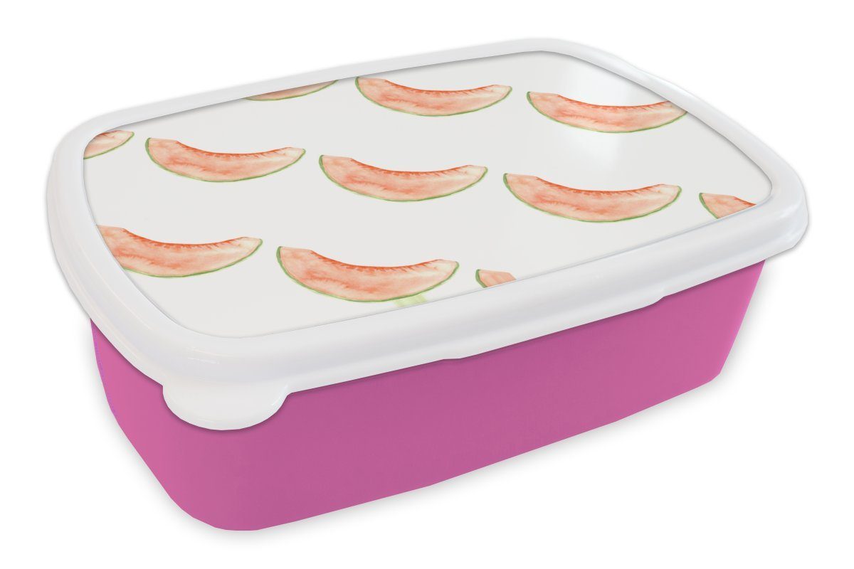 Brotdose Brotbox - Erwachsene, für Snackbox, Kinder, - Mädchen, Lunchbox Melone Kunststoff, MuchoWow Kunststoff Obst (2-tlg), rosa Aquarell,