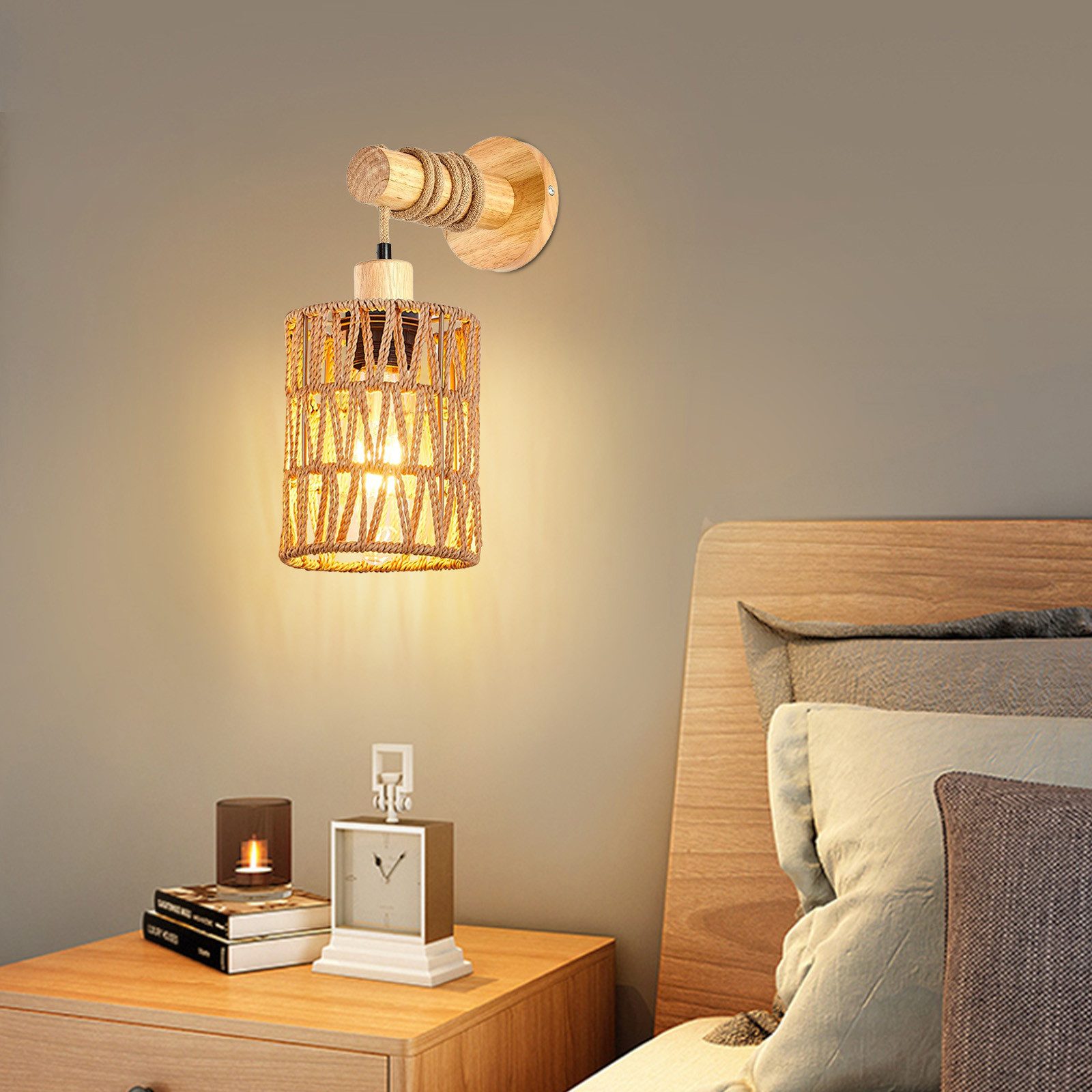 MUPOO LED Wandleuchte Vintage Innen Wandleuchte,E27 Retro Holz Wandlampe, Warmweiß Glühbirne, LED fest integriert, mit Rattan Lampenschirm,Handgewebte im Farmho – Bild 5 von 5