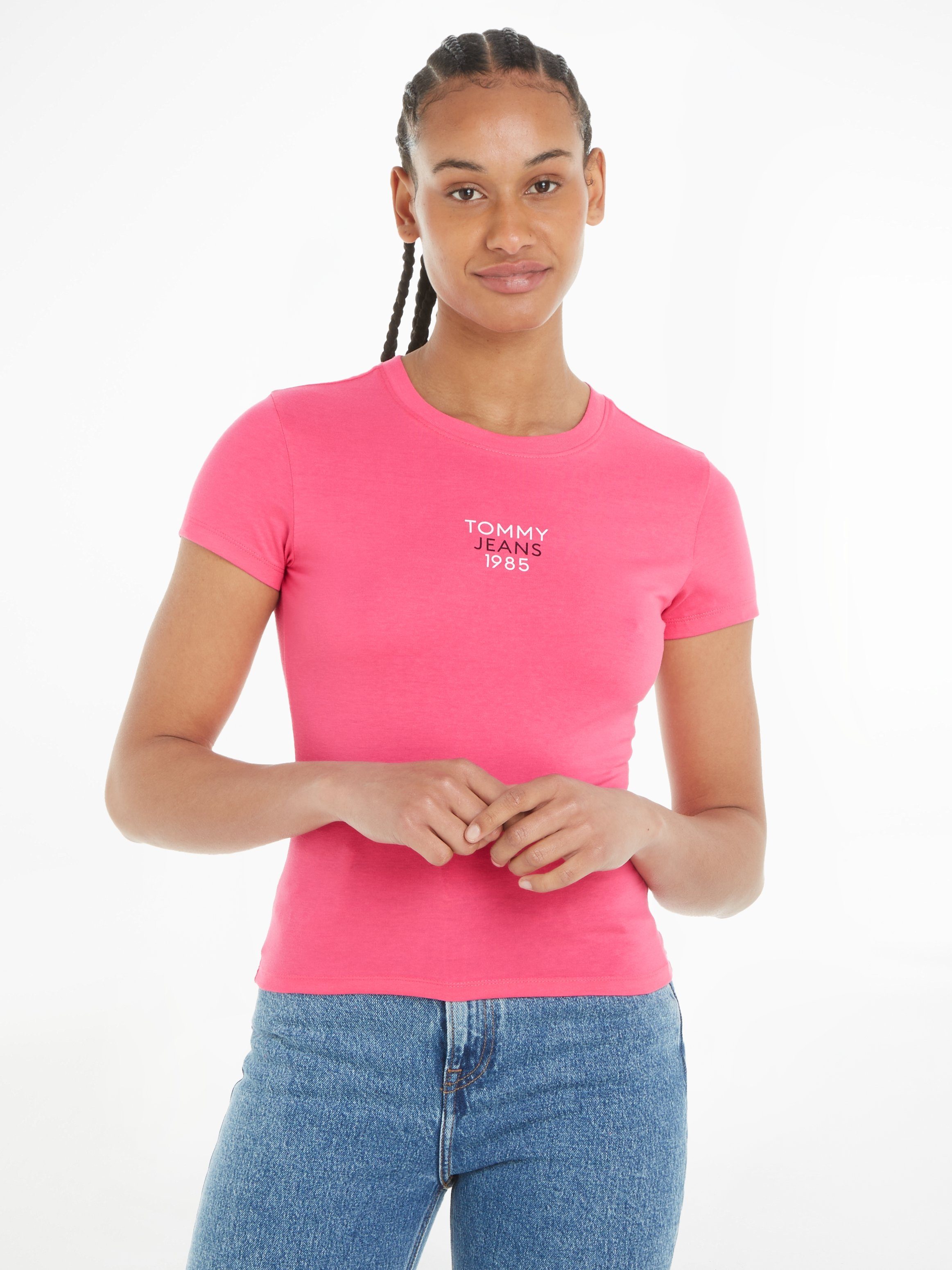 Tommy Jeans T-Shirt Slim Essential Logo Kurzarm Rundhals Jersey T Shirt mit Logo Druck Print, Baumwoll Mix