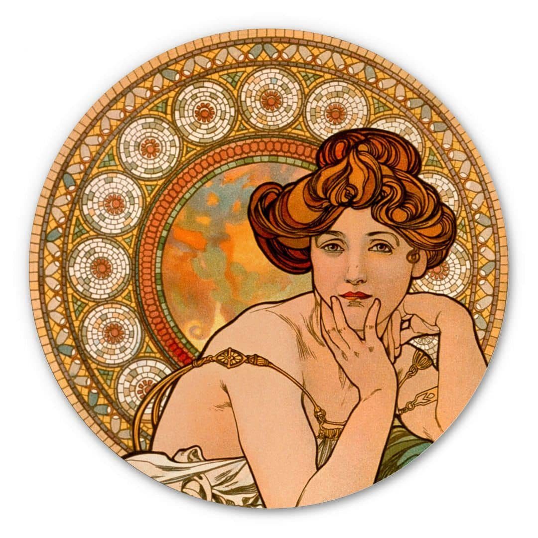 K&L Wall Art Gemälde Metallposter Art Déco Mosaik Edelsteine Topas Vintage Mucha, Metalloptik Wandbild Ø 20cm