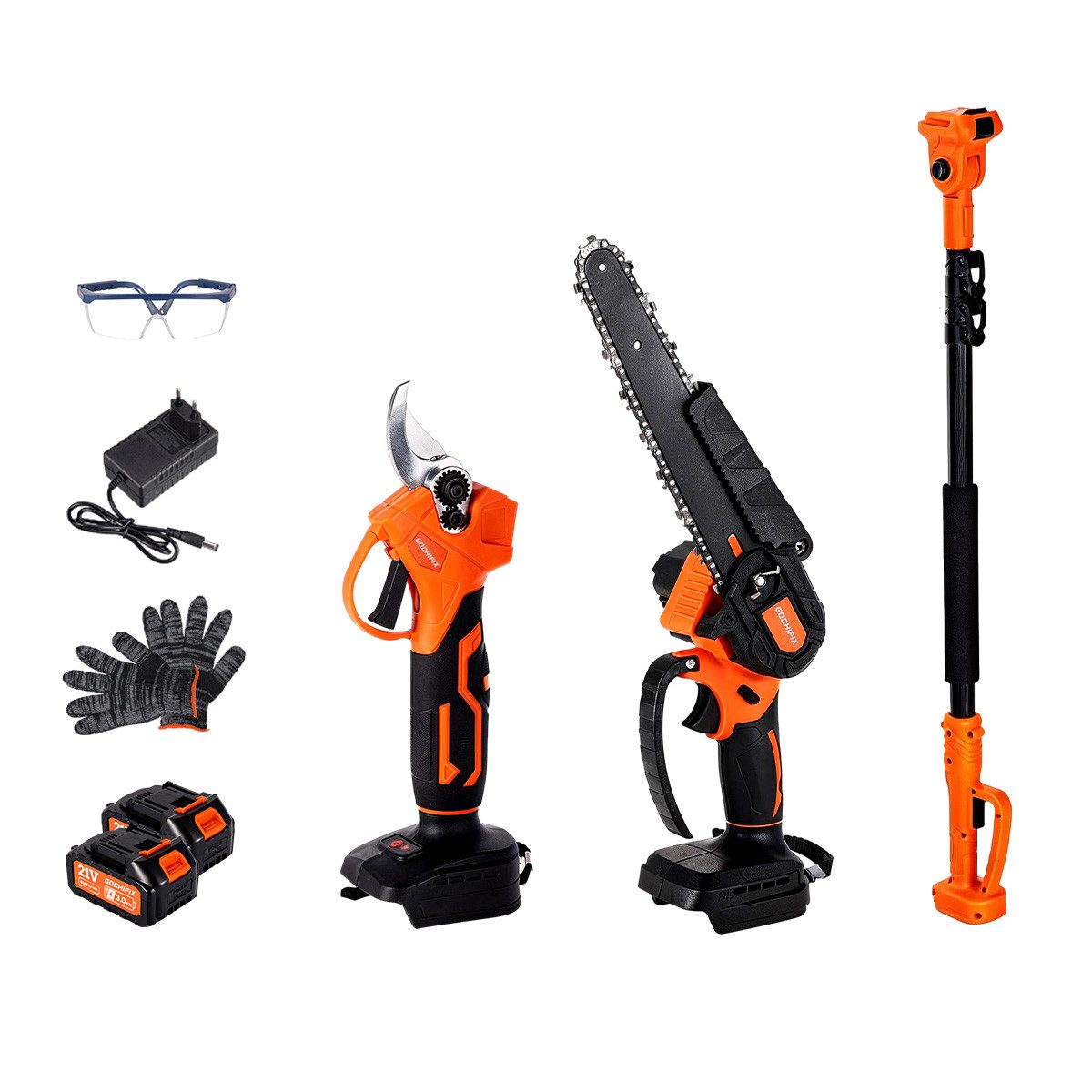 Insma Akku-Hochentaster 3 in1 Bürstenlos Elektro Teleskop Hochentaster Kettensäge Gartenschere, bis 220,3 m Arbeitshöhe, mit 2× 13000mAh Akku, Schutzbrille und Arbeitshandschuhe
