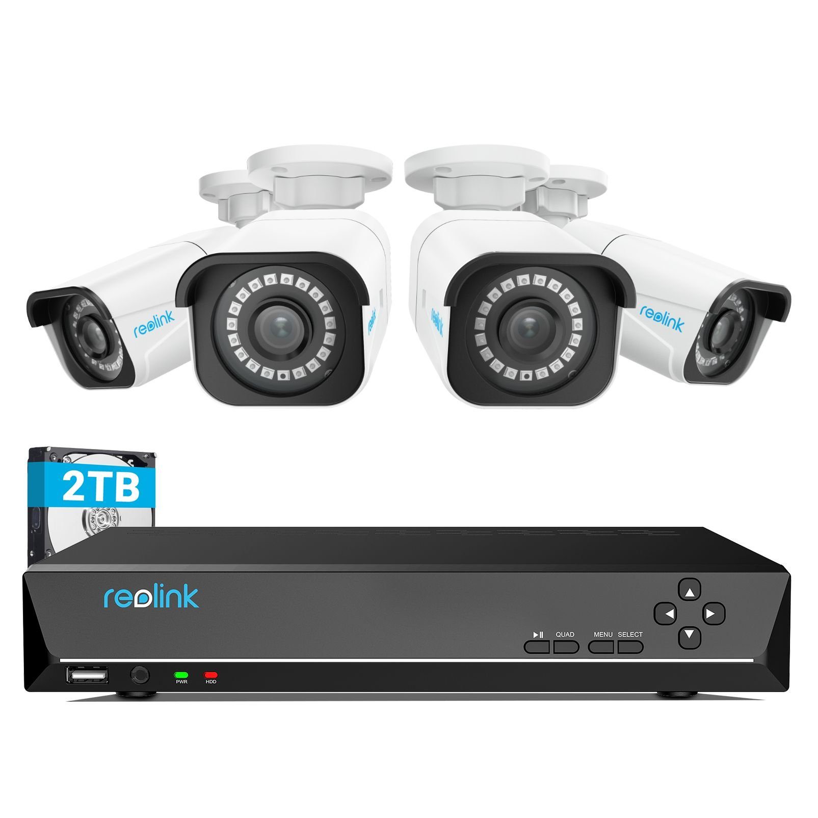 Reolink 4K Überwachungskamera Set RLK8-800B4-A Überwachungskamera (Aussen, 8CH 2TB HDD NVR, 4X PoE IP Kamera, Personener-&Fahrzeugerkennung)