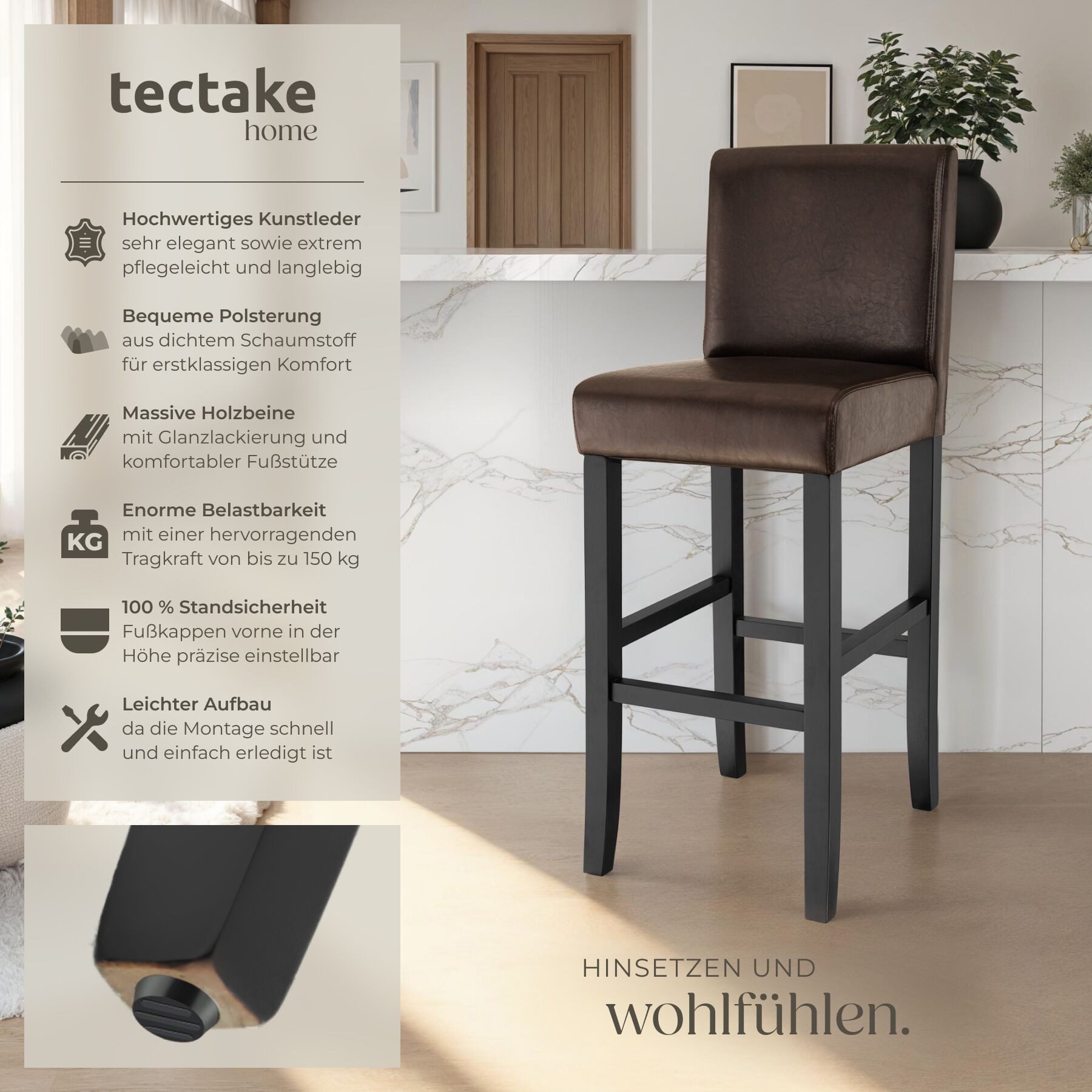 tectake Barhocker Barstuhl aus Kunstleder, gepolstert mit Rückenlehne, Stuhlbeine aus Massivholz, Sitzhöhe 76 cm
