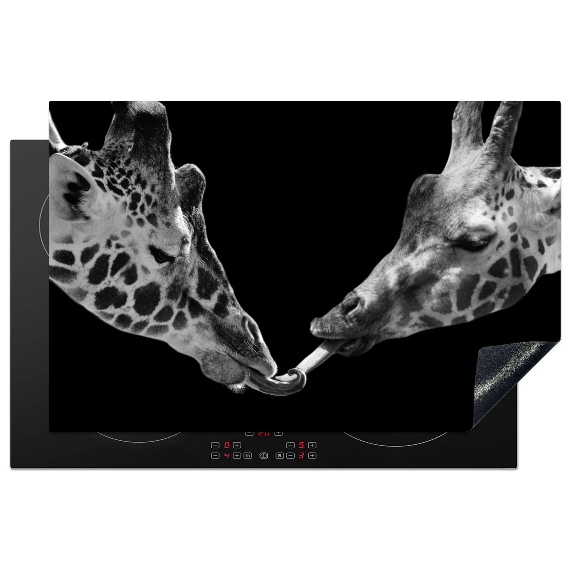 MuchoWow Herdblende-/Abdeckplatte Tiere - 81x52 Ceranfeldabdeckung, (1 cm, Vinyl, - tlg), Arbeitsplatte - für - Porträt, Weiß küche Schwarz Giraffe