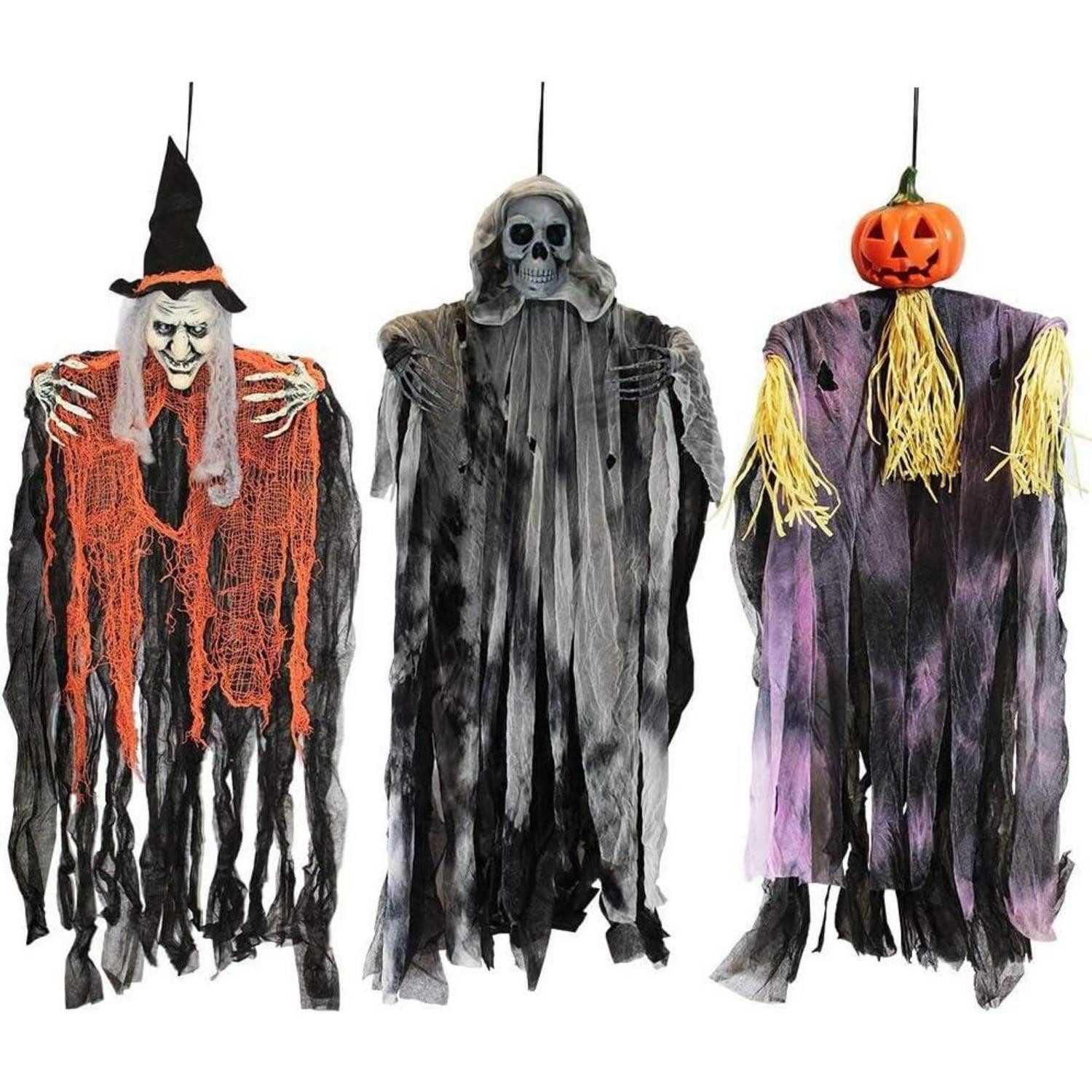 LuxusKollektion Dekofigur 3er Set 90 cm Hängende Geister Halloween Deko Sensenmann Hexe außen (3 St)