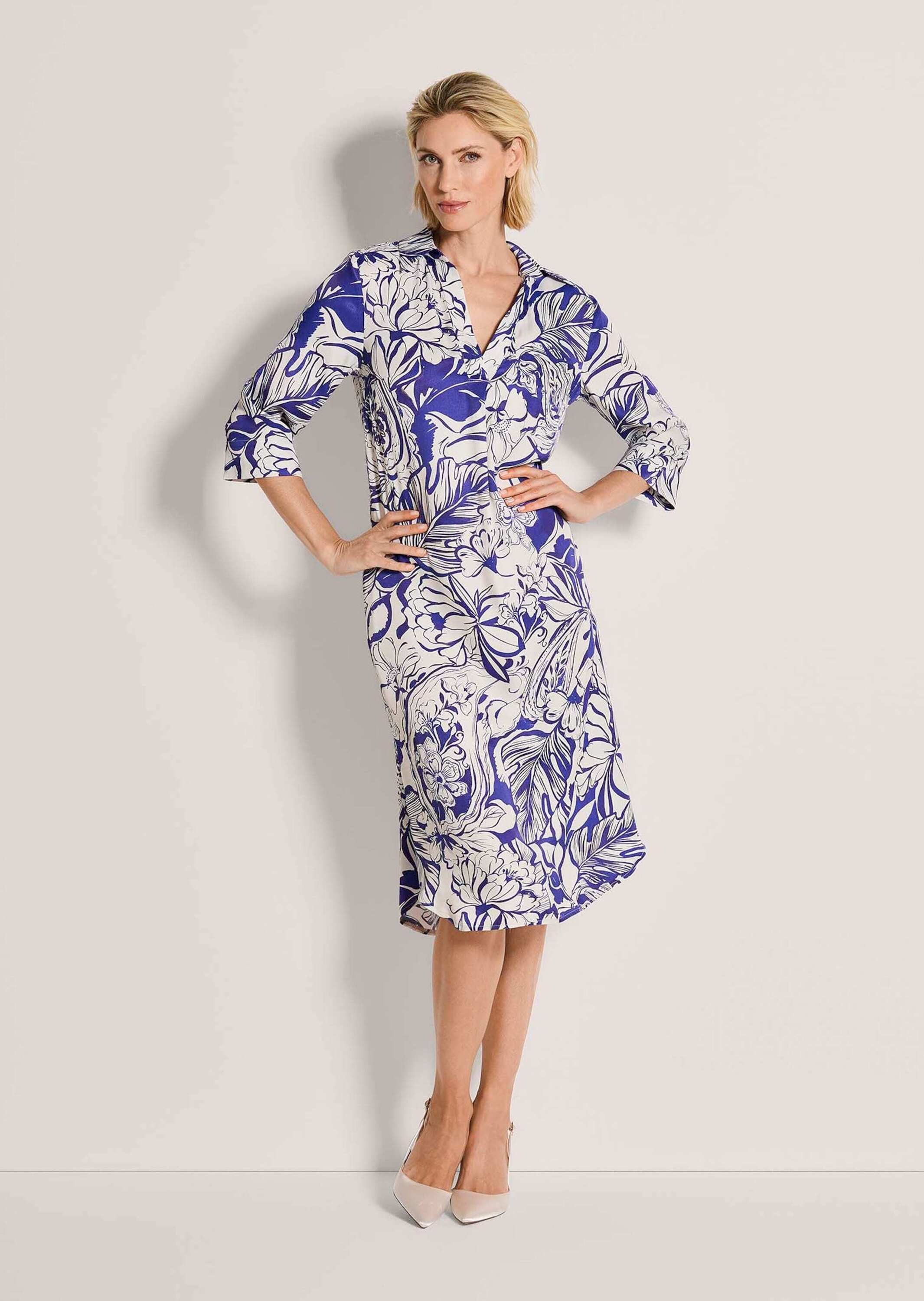 MADELEINE Midikleid Viskosekleid mit floralem Design Midikleid mit Hemdkragen, V-Ausschnitt, Taschen, 3/4-Arm und Knielänge