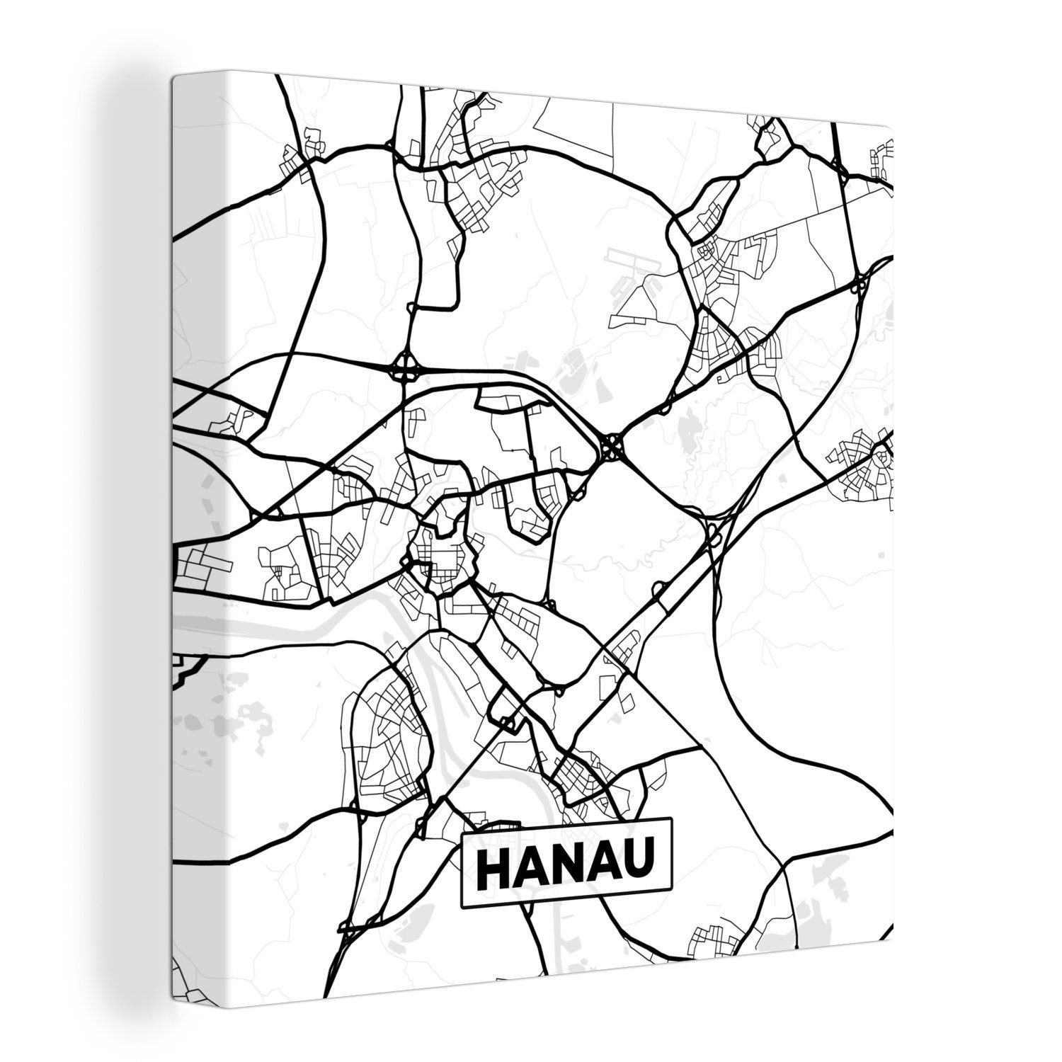 OneMillionCanvasses® Leinwandbild Karte - Hanau - Stadtplan - Karte, (1 St), Leinwand Bilder für Wohnzimmer Schlafzimmer