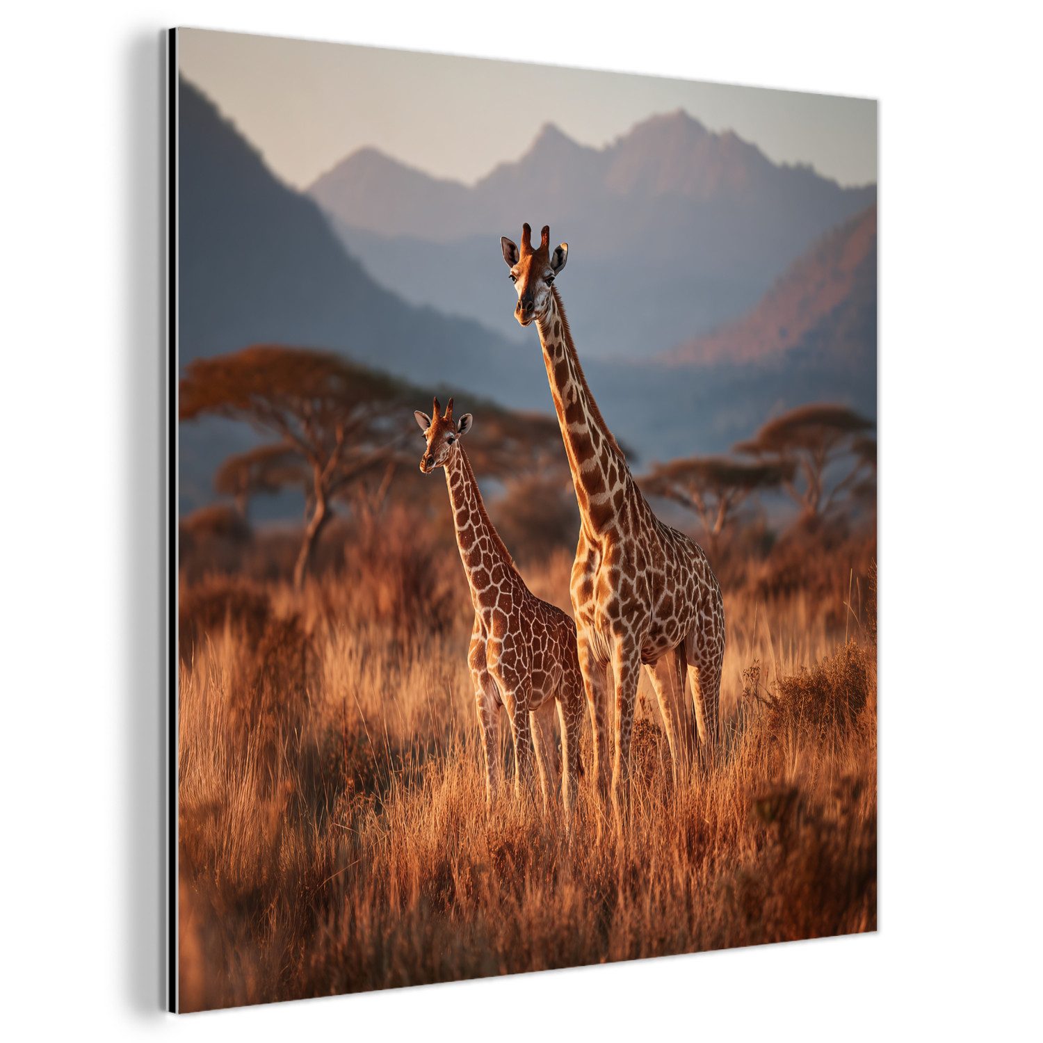 MuchoWow Metallbild Giraffen - Hohes Gras - Akazienbäume, Inkl. Aufhängung, Alu-Dibond-Druck, Wandbild aus Metall, Aluminium deko, 20x20 cm