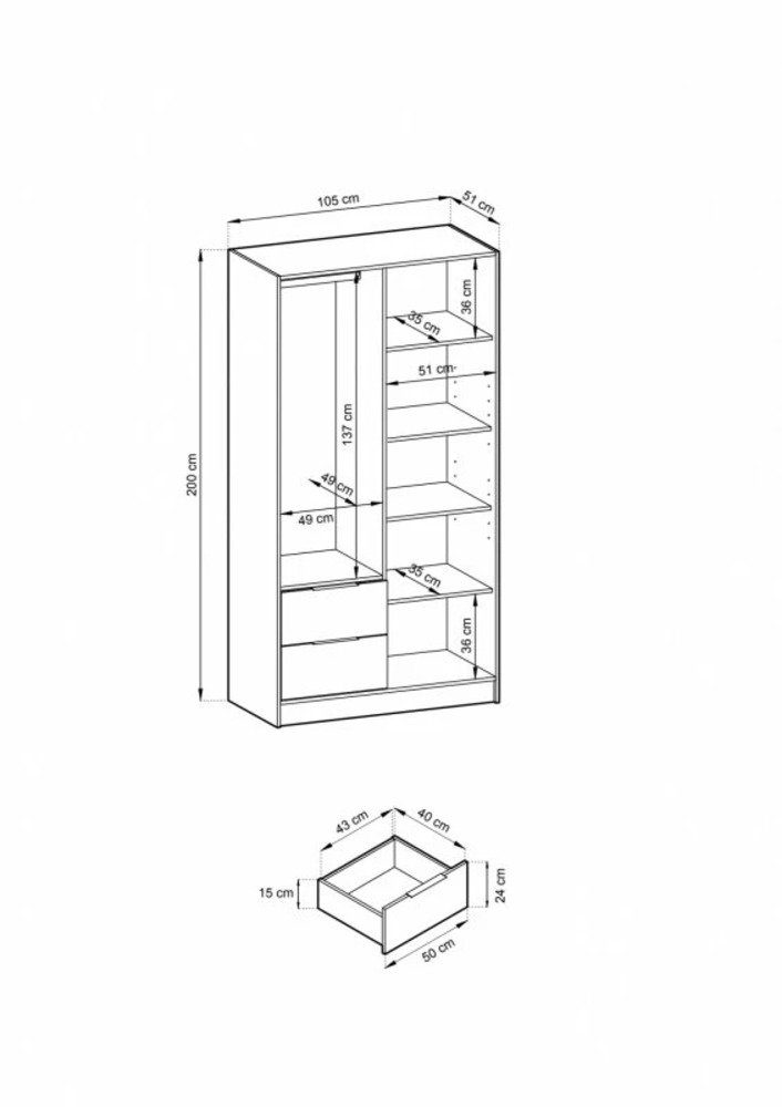 MOEBLO Kleiderschrank JOHN (Latten aus Holz, Loft Stil IndustrieSchrank Aufbewahrungsschrank (Spannstange) mit Regalböden Spannstange & 2 Schubladen, Industries – Bild 5 von 5