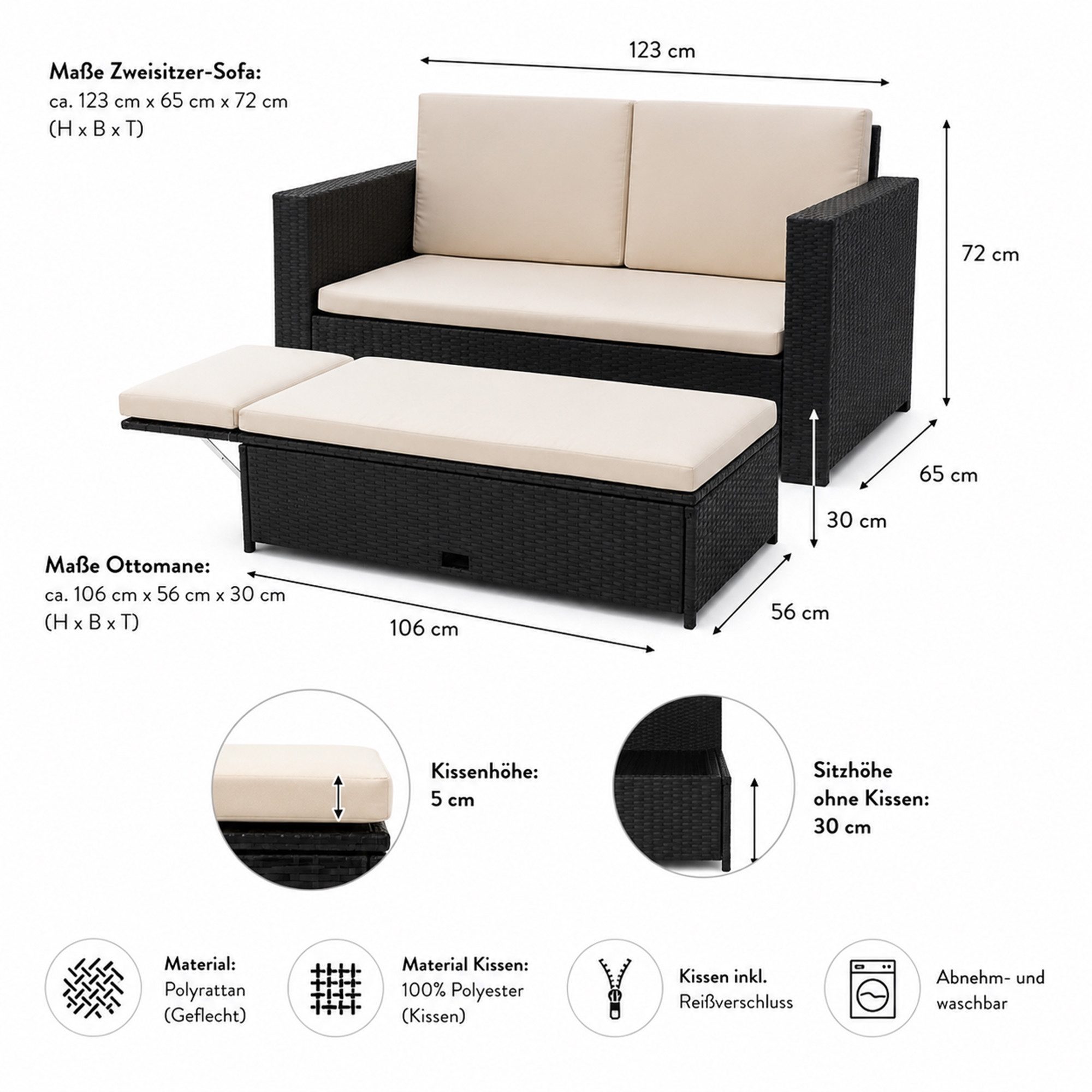 Mucola Gartenlounge-Set Polyrattan Gartensofa Lounge Sofa Gartenmöbel Gartensofa Sitzgarnitur, (Set, Sofa & Ottomane), Kissen inkl. Reißverschluss, daher abnehm- und waschbar