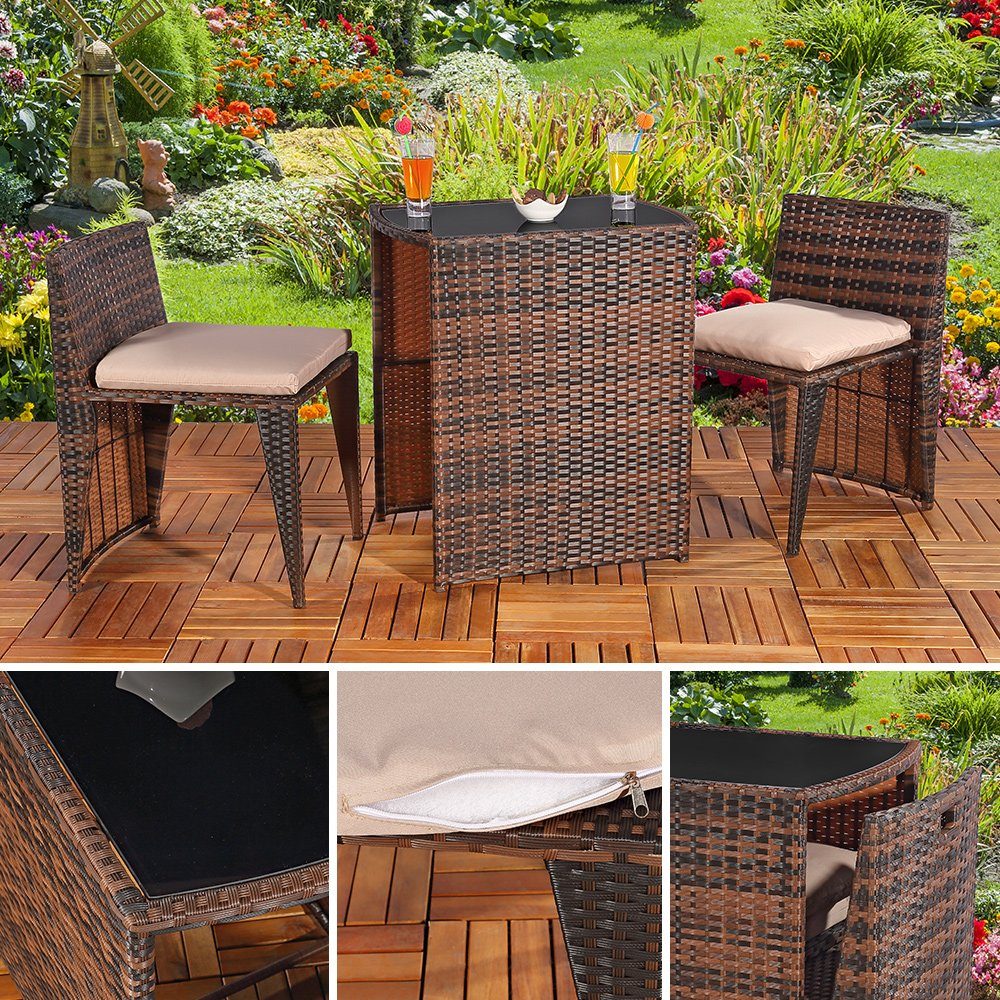 Balkonset, Mucola Sitzgruppe Sitzgruppe Gartenmöbel Balkonset Gartenset Polyrattan 3-tlg) (set, Braun 3tlg.