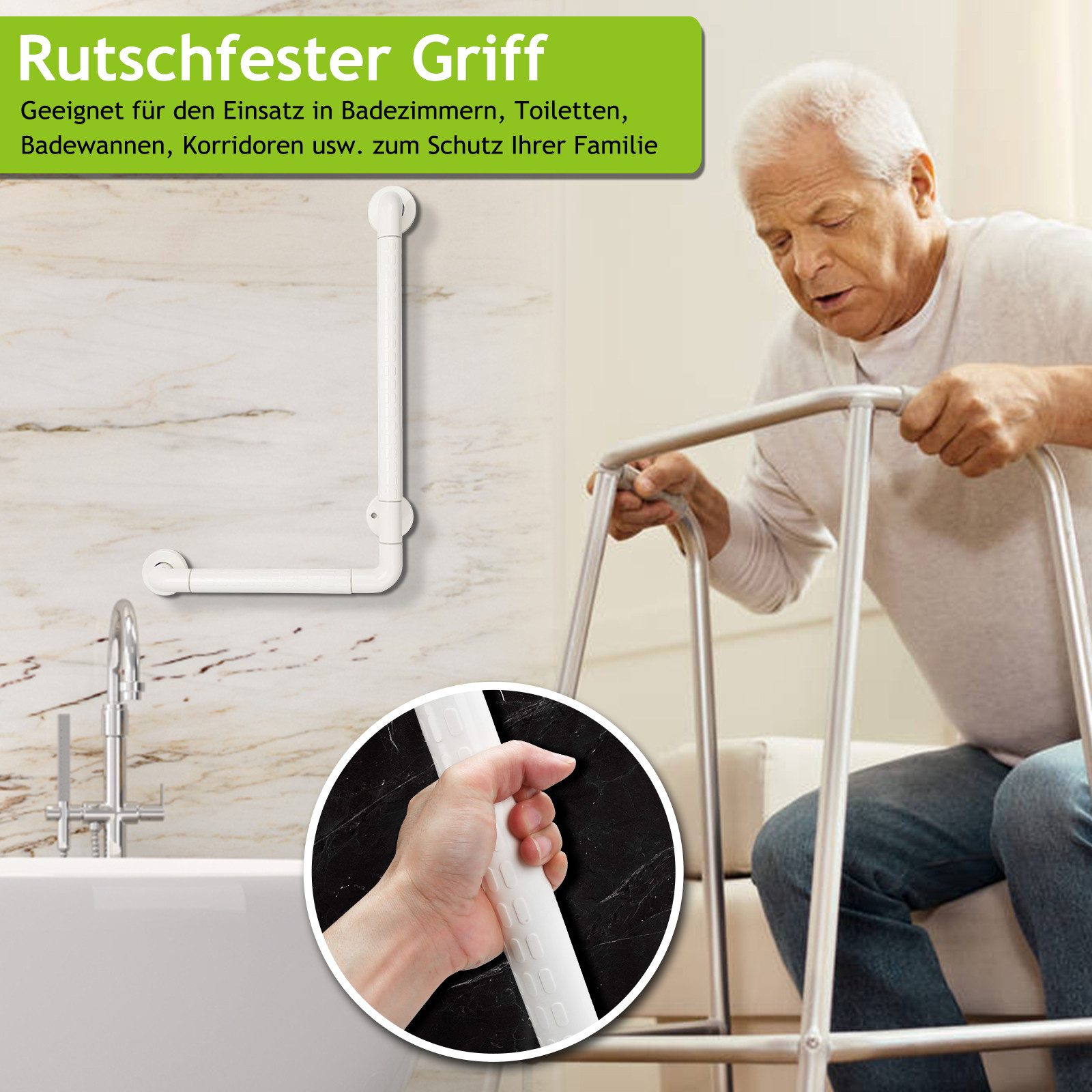 Clanmacy Haltegriff Badewannengriff Edelstahl Rutschfester L-FöRmiger Fluoreszierender, belastbar bis 200 kg, Wandmontage Schlafzimmer Treppengeländer 60*40cm W – Bild 4 von 5