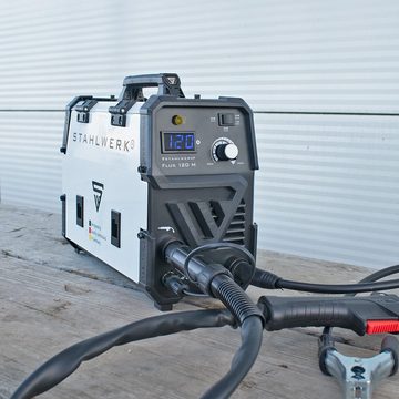 STAHLWERK Fülldrahtschweißgerät FLUX 120 M Fülldraht Schweißgerät 120 Ampere, 20 - 120 A, Komplett-Set, 7-tlg., mit synergischem Drahtvorschub, Schweißen ohne Schutzgas, IEC 60974-1