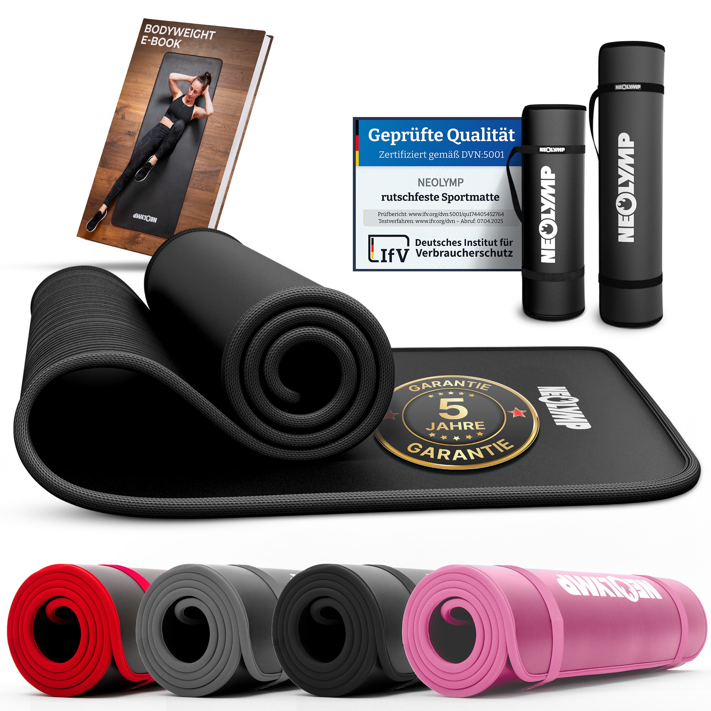 NEOLYMP Fitnessmatte (Yogamatte mit Tragegurt inklusive Trainingsbuch mit Übungseinheiten)